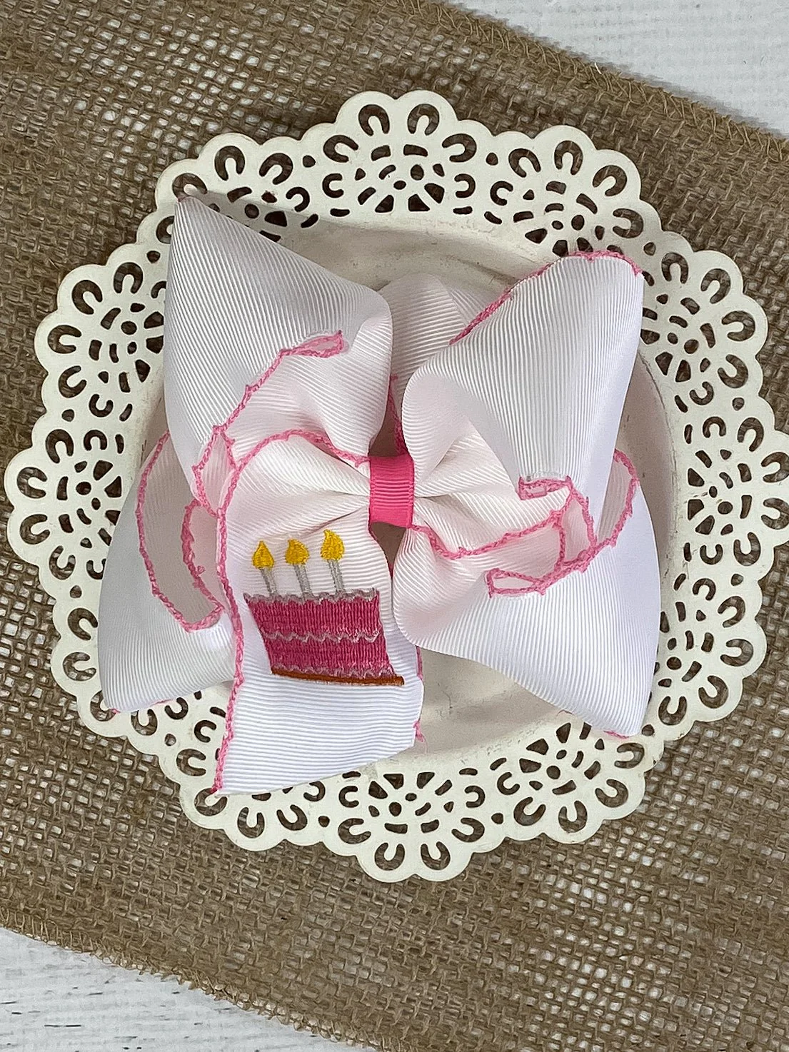 Birthday Cake Embroidered Moonstitch Hair Bow | Clip or Headband - Image 2