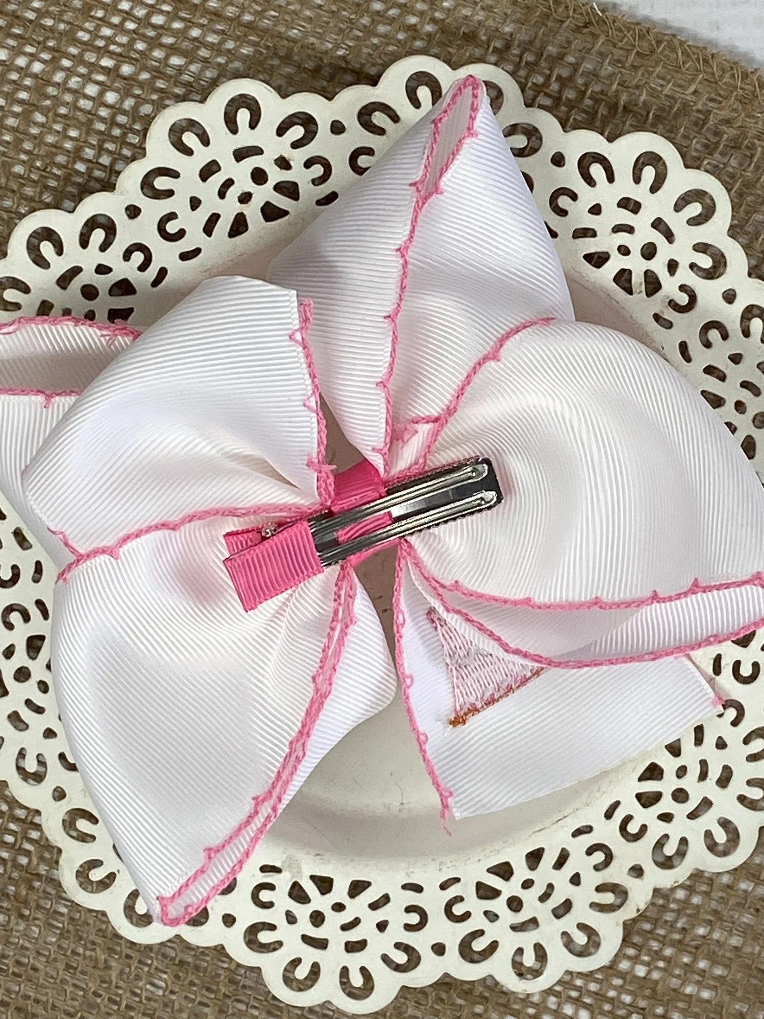 Birthday Cake Embroidered Moonstitch Hair Bow | Clip or Headband - Image 3