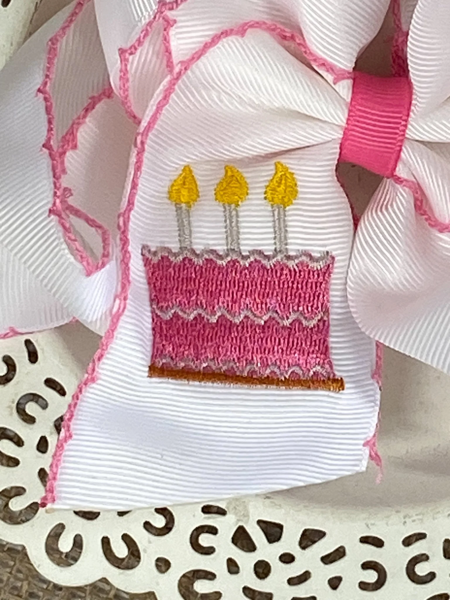 Birthday Cake Embroidered Moonstitch Hair Bow | Clip or Headband - Image 4