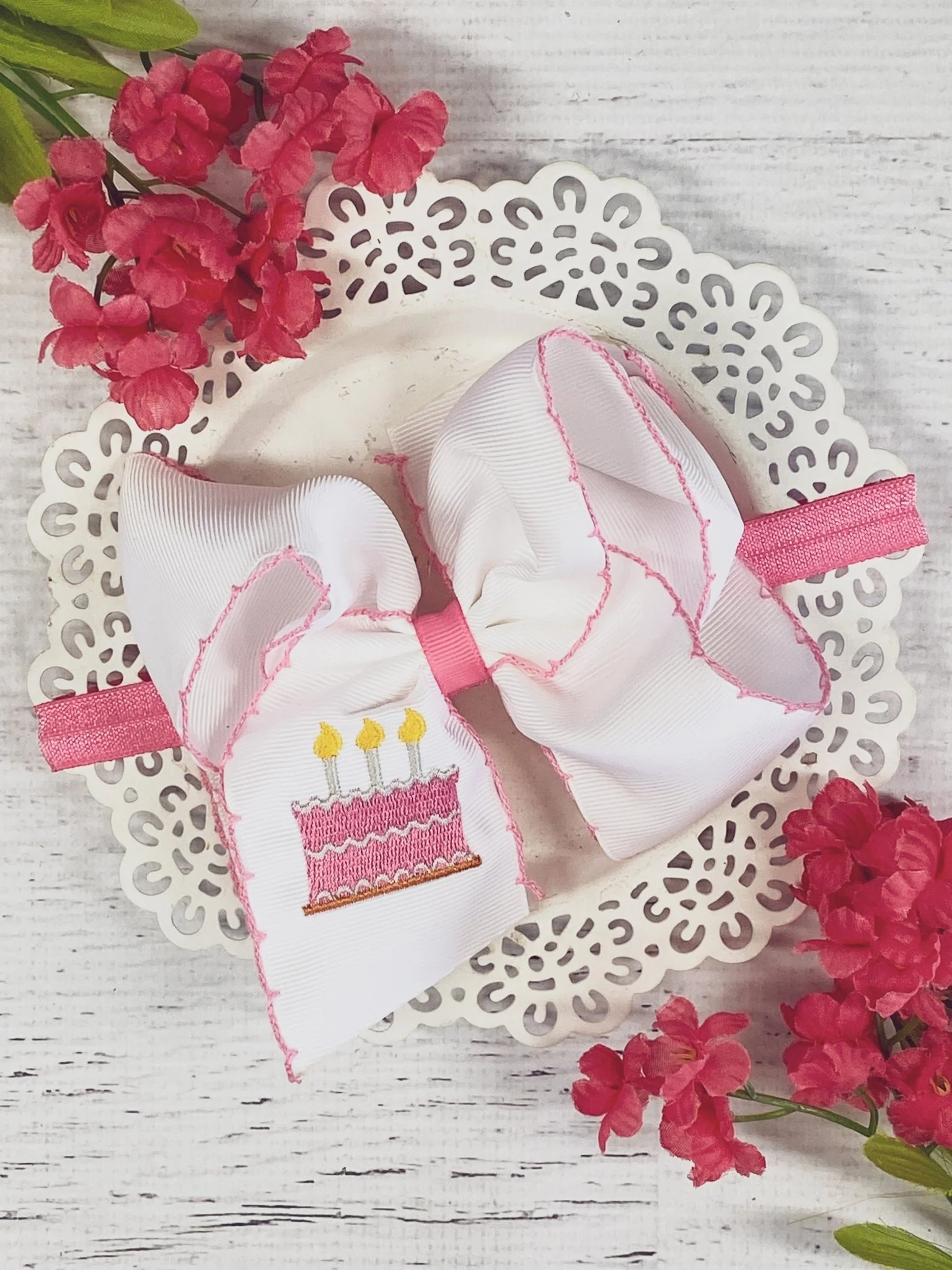 Birthday Cake Embroidered Moonstitch Hair Bow | Clip or Headband - Image 5