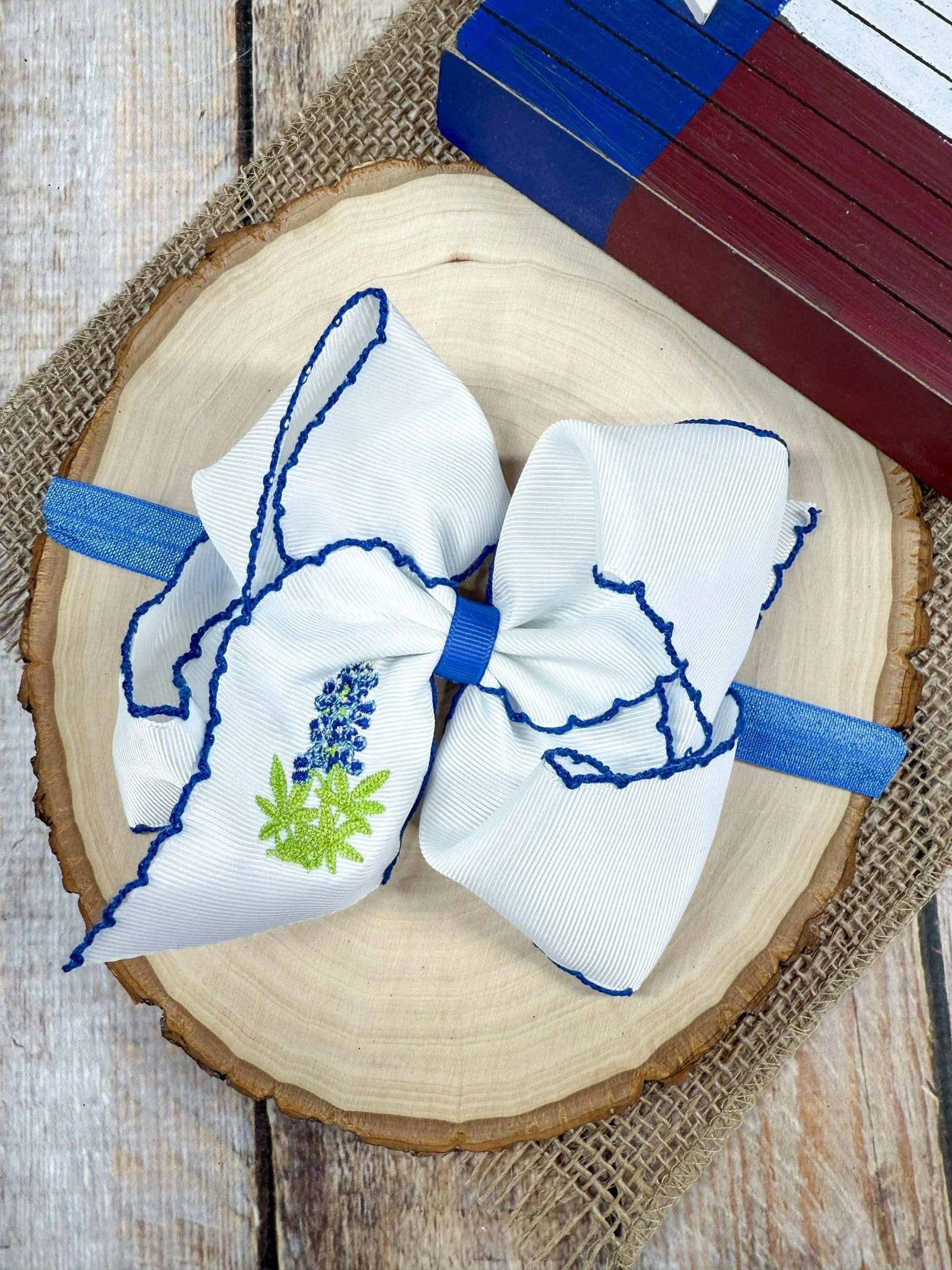 Bluebonnets Embroidered Moonstitch Hair Bow | Clip or Headband - Image 4