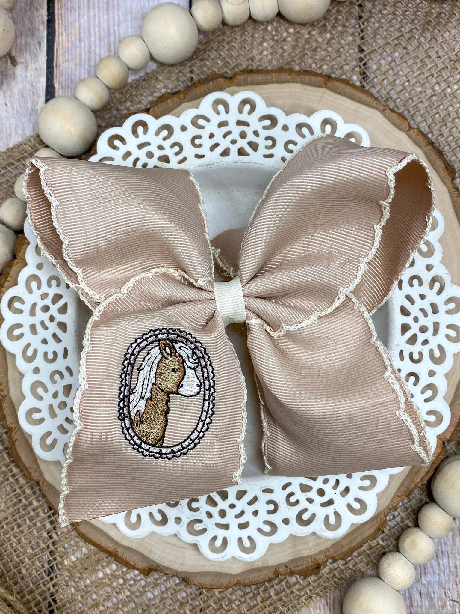 Cameo Horse Embroidered Moonstitch Hair Bow | Clip or Headband