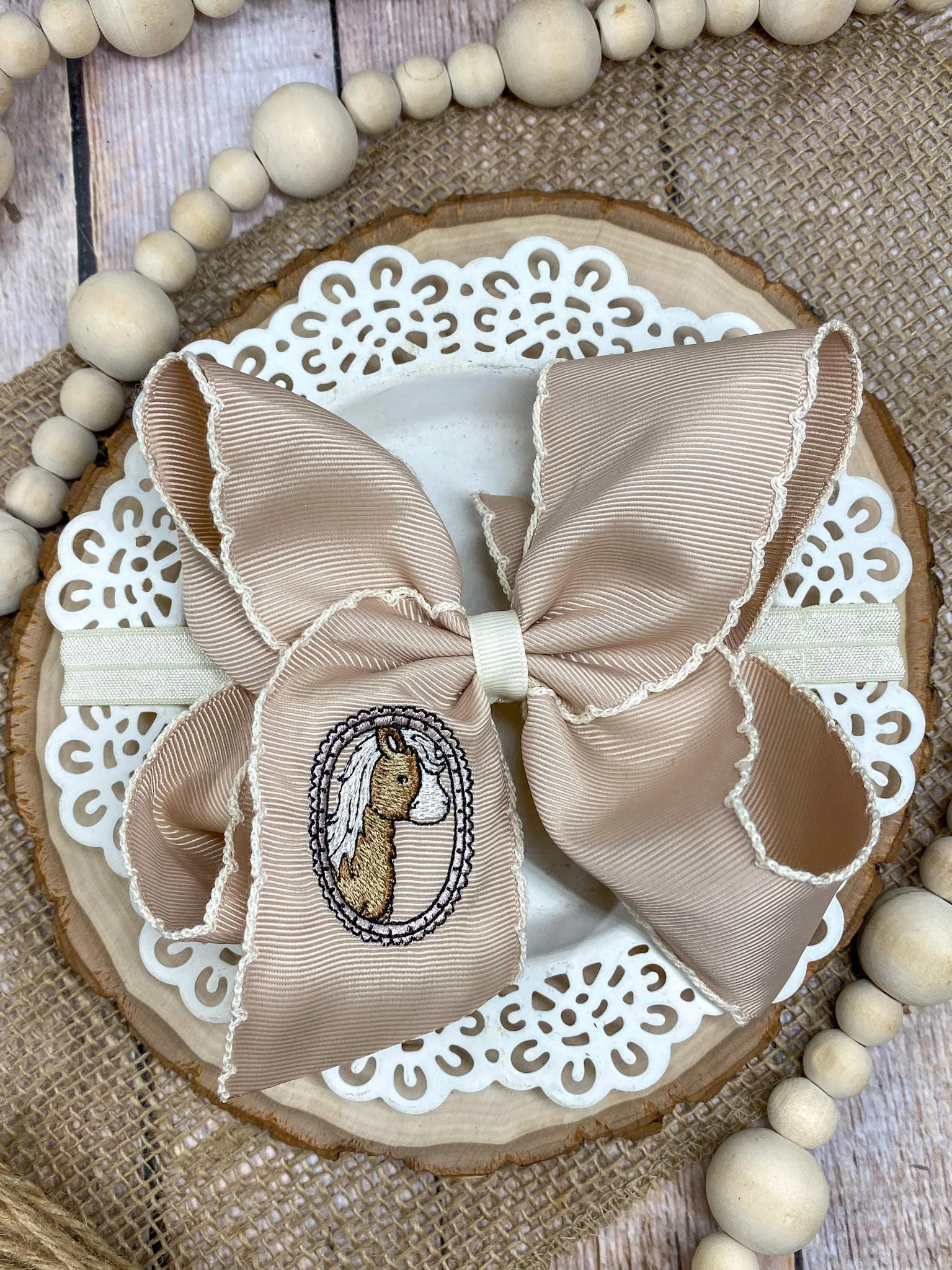 Cameo Horse Embroidered Moonstitch Hair Bow | Clip or Headband - Image 2