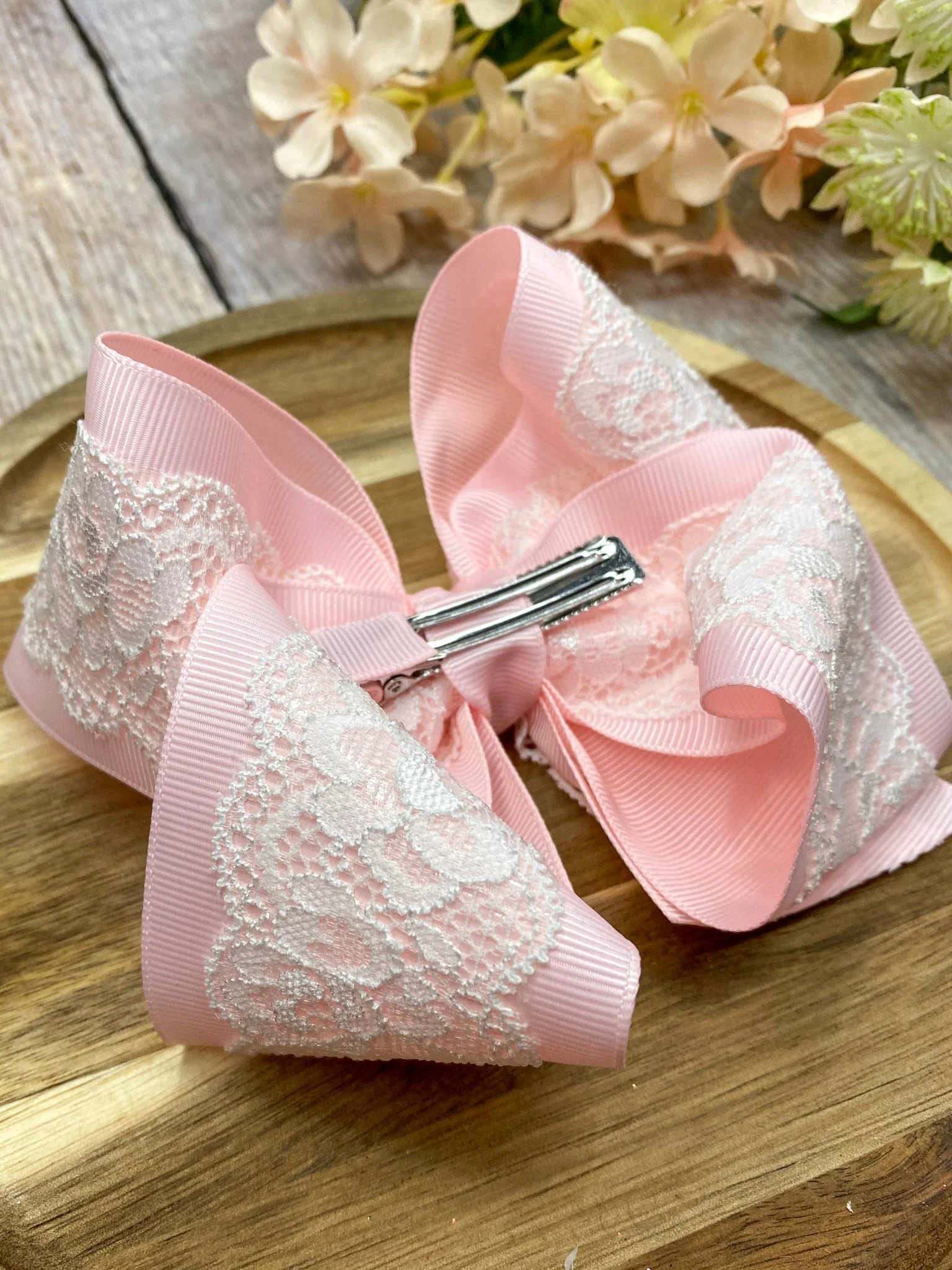 4.5" Chantilly Lace Two-Tone Hair Bow | Clip or Headband - Image 6