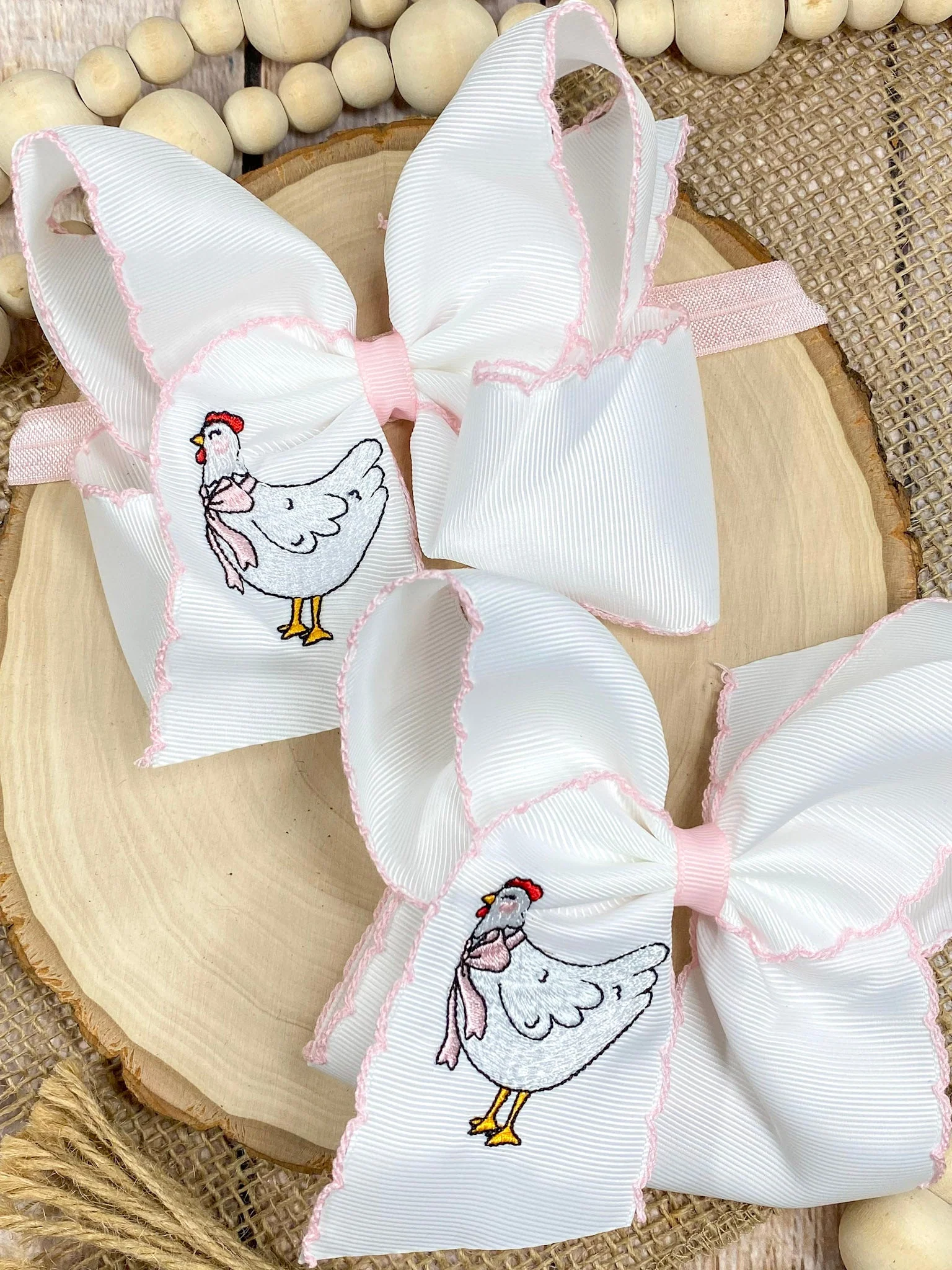 Chicken Embroidered Moonstitch Hair Bow | Clip or Headband