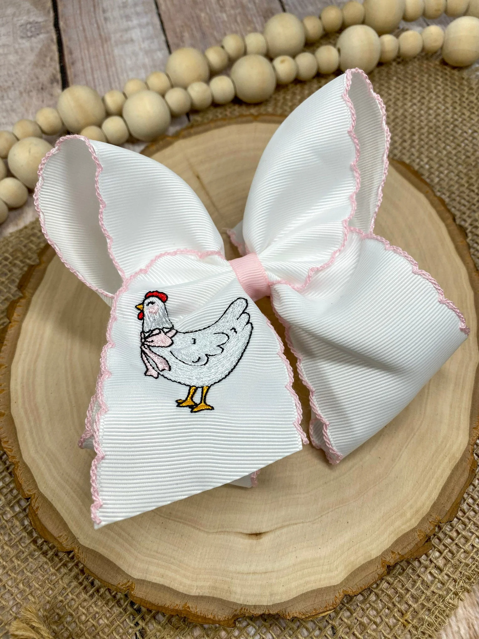 Chicken Embroidered Moonstitch Hair Bow | Clip or Headband - Image 2
