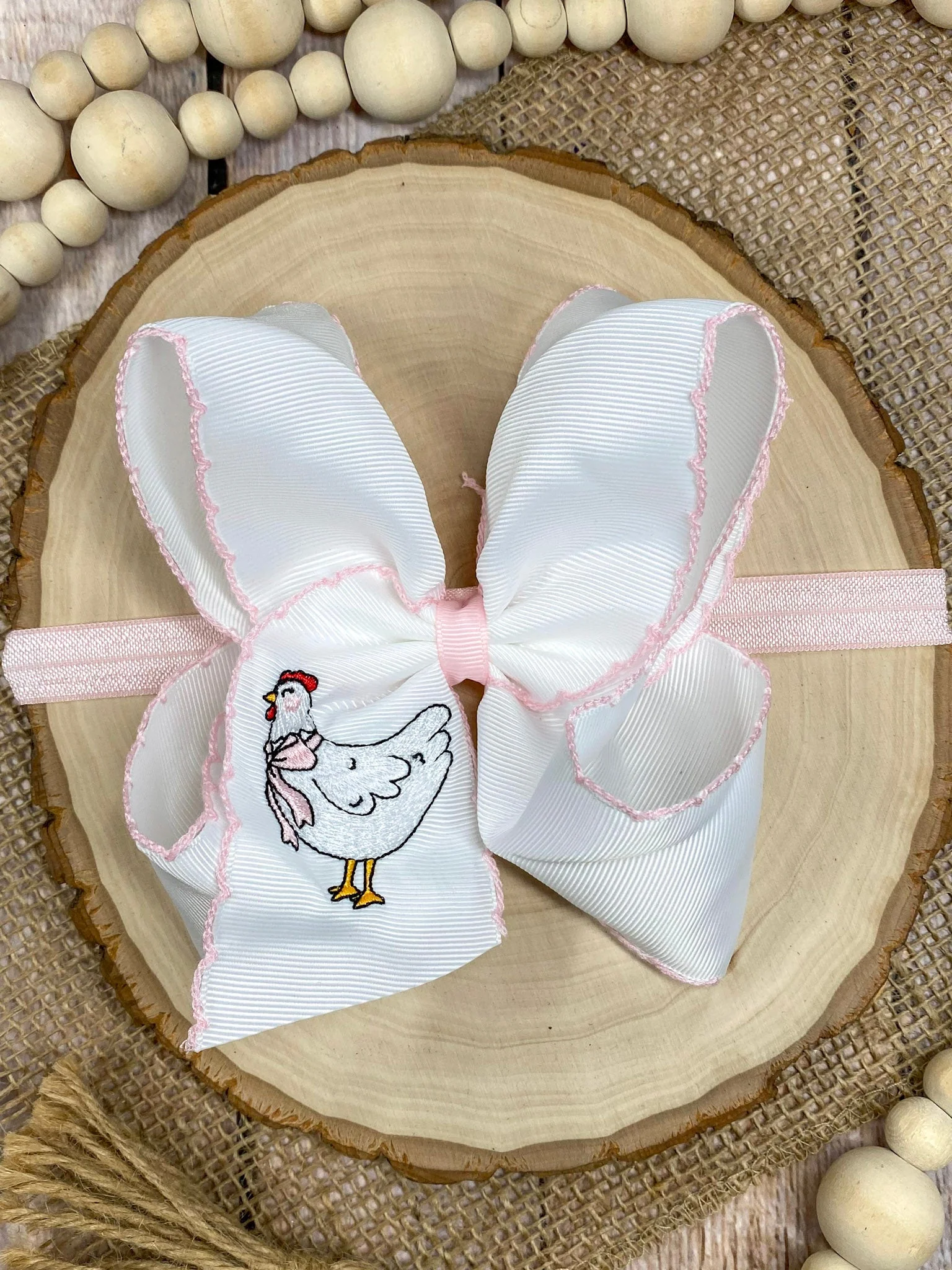 Chicken Embroidered Moonstitch Hair Bow | Clip or Headband - Image 3