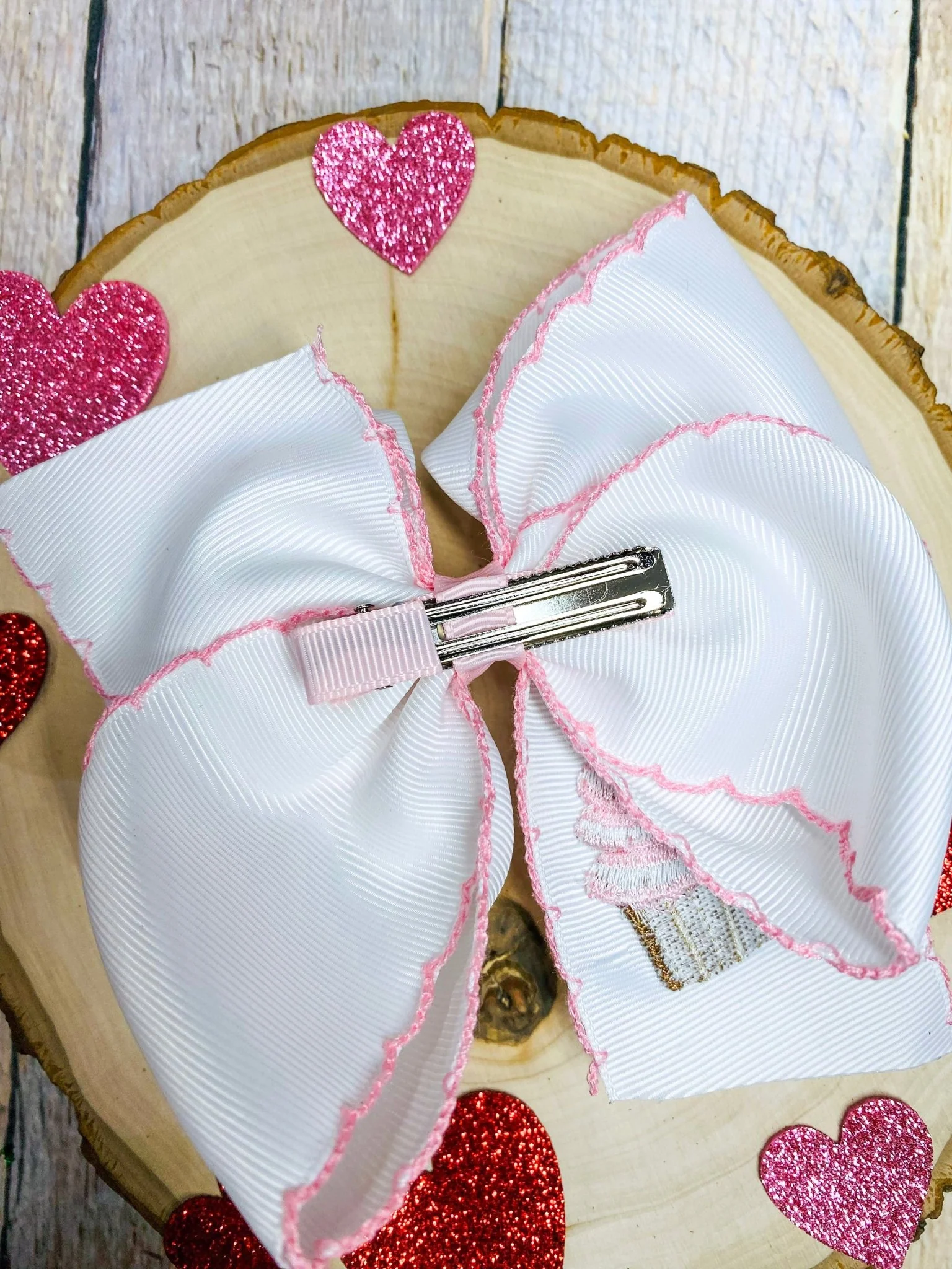 Cupcake Embroidered Moonstitch Hair Bow | Clip or Headband - Image 3
