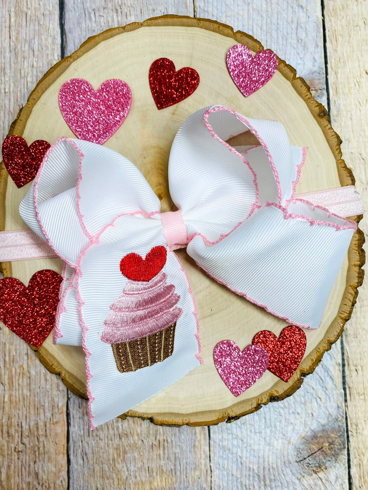 Cupcake Embroidered Moonstitch Hair Bow | Clip or Headband - Image 4