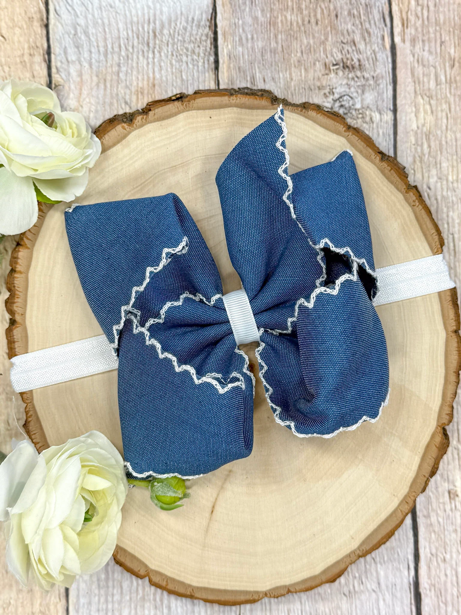 Denim Moonstitch Hair Bow | Clip or Headband - Image 3