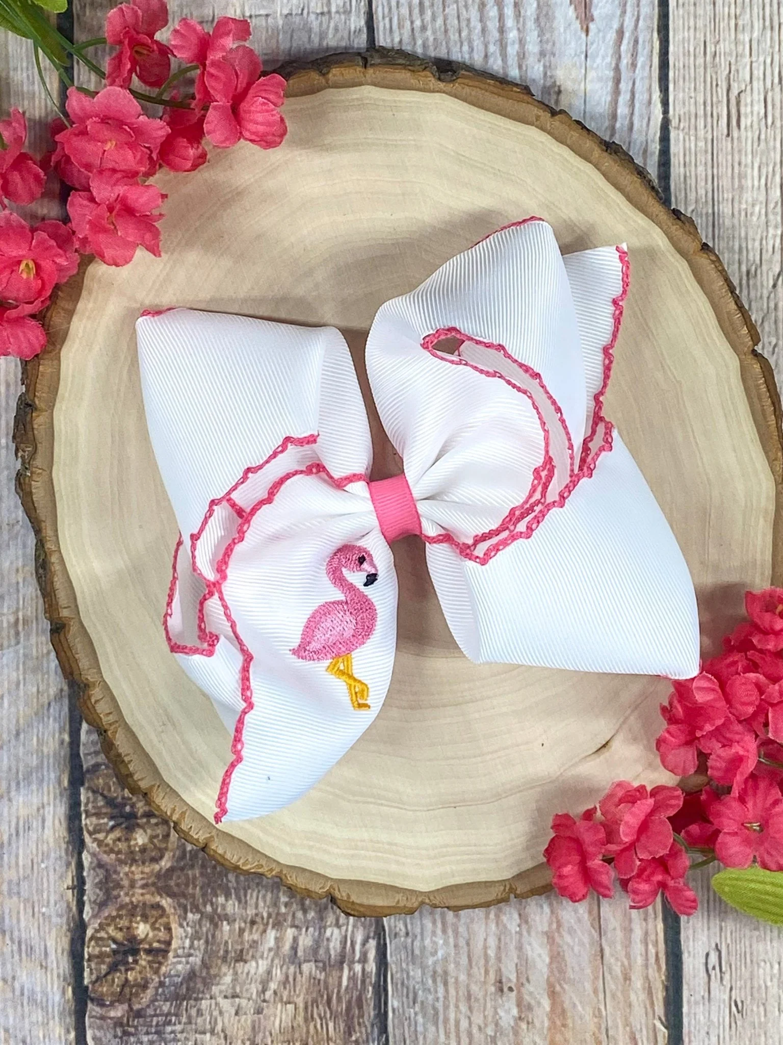 Flamingo Embroidered Moonstitch Hair Bow | Clip or Headband