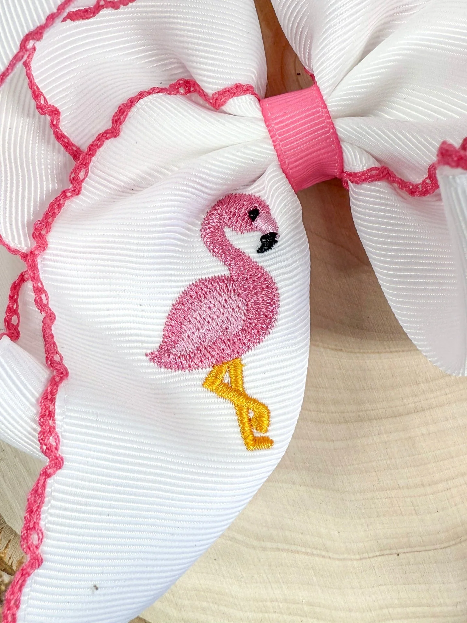 Flamingo Embroidered Moonstitch Hair Bow | Clip or Headband - Image 2