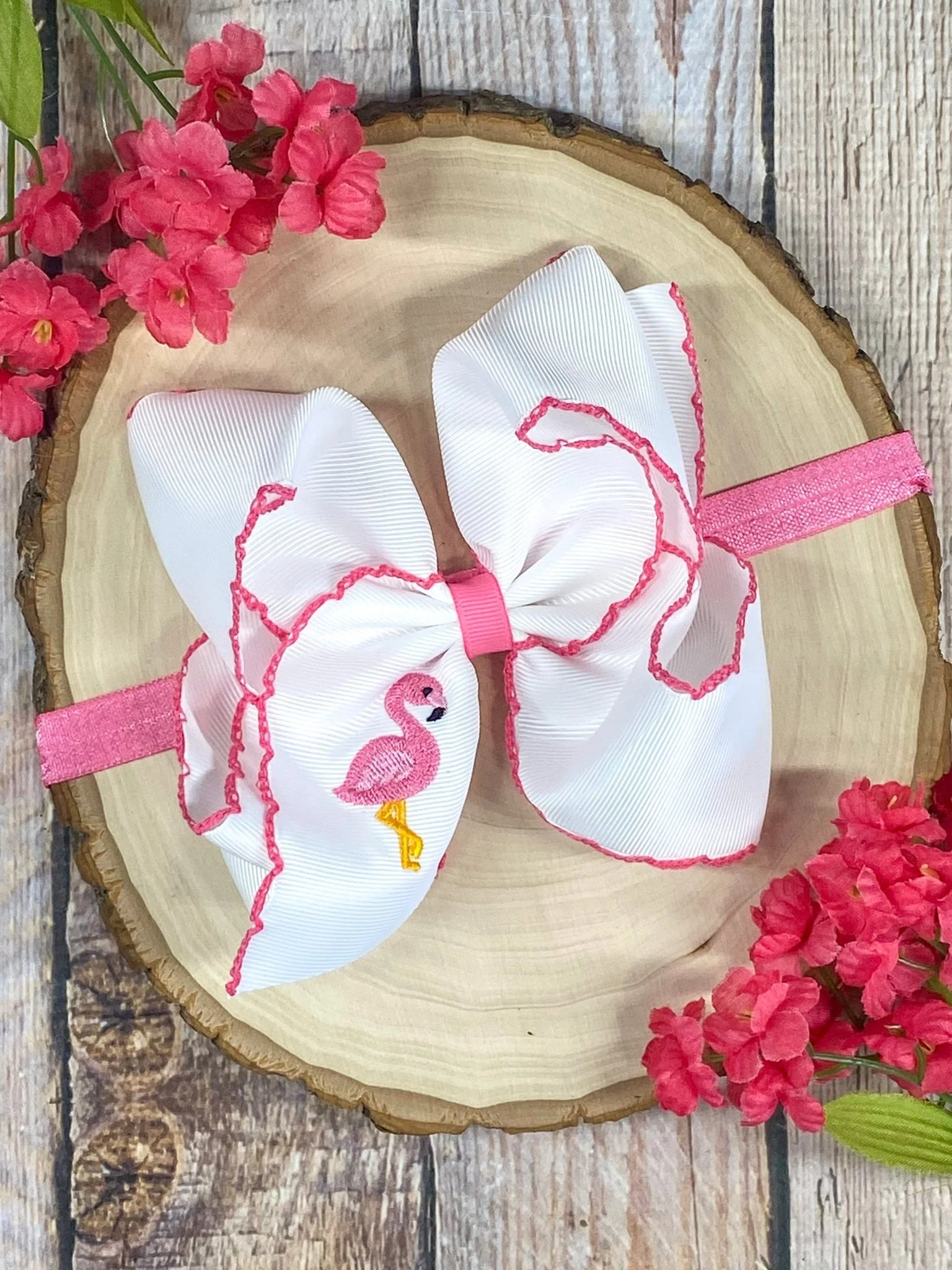 Flamingo Embroidered Moonstitch Hair Bow | Clip or Headband - Image 3