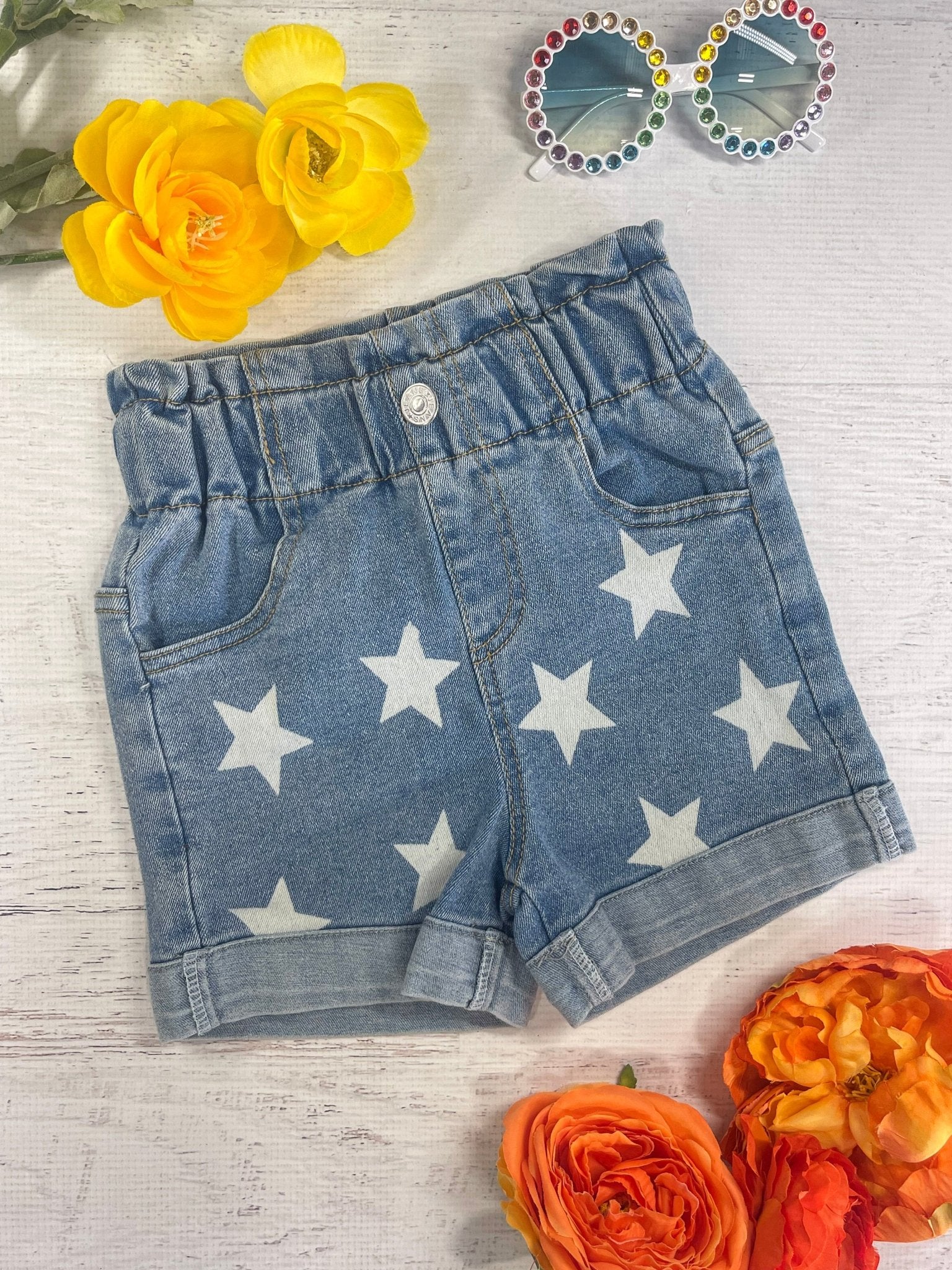 Star Print Denim Shorts | Girls July 4th High Waist Jean Shorts - Image 3
