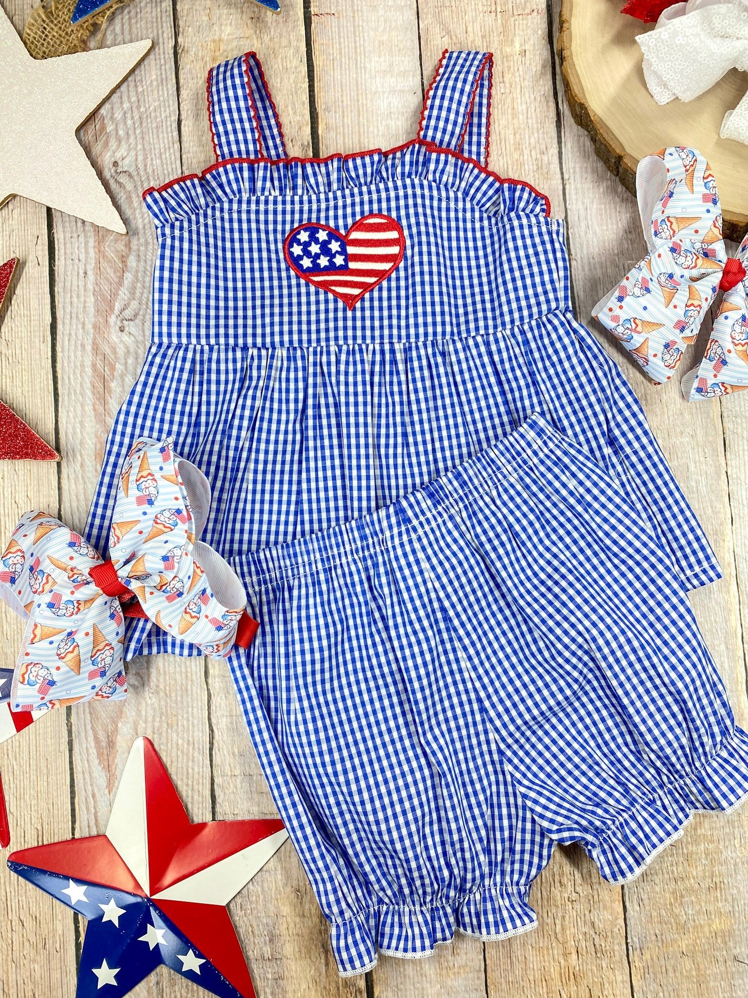 Blue Gingham American Heart Shorts Set | Girls Patriotic Tank & Bloomer Set - Image 3