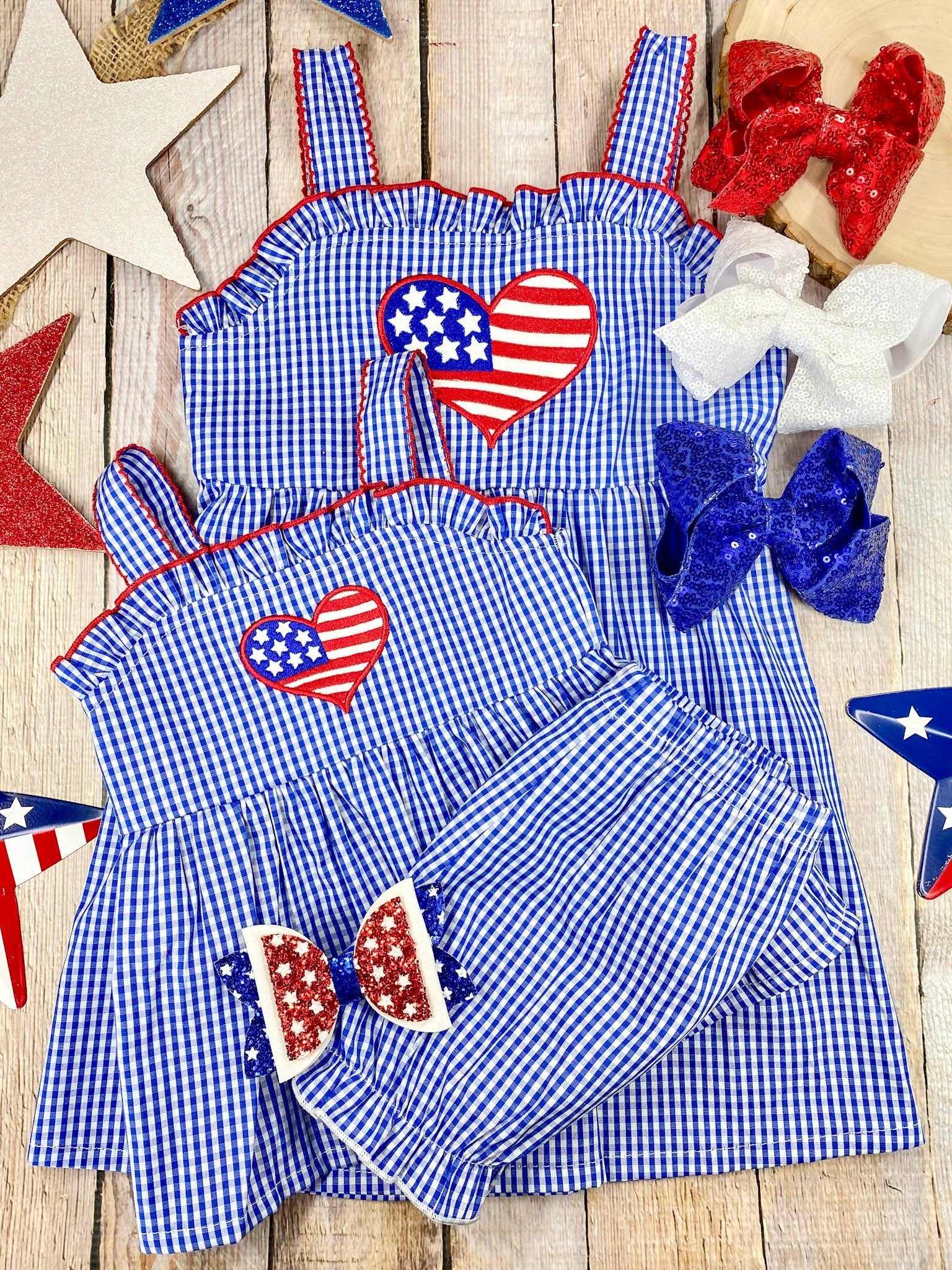 Blue Gingham American Heart Shorts Set | Girls Patriotic Tank & Bloomer Set - Image 4