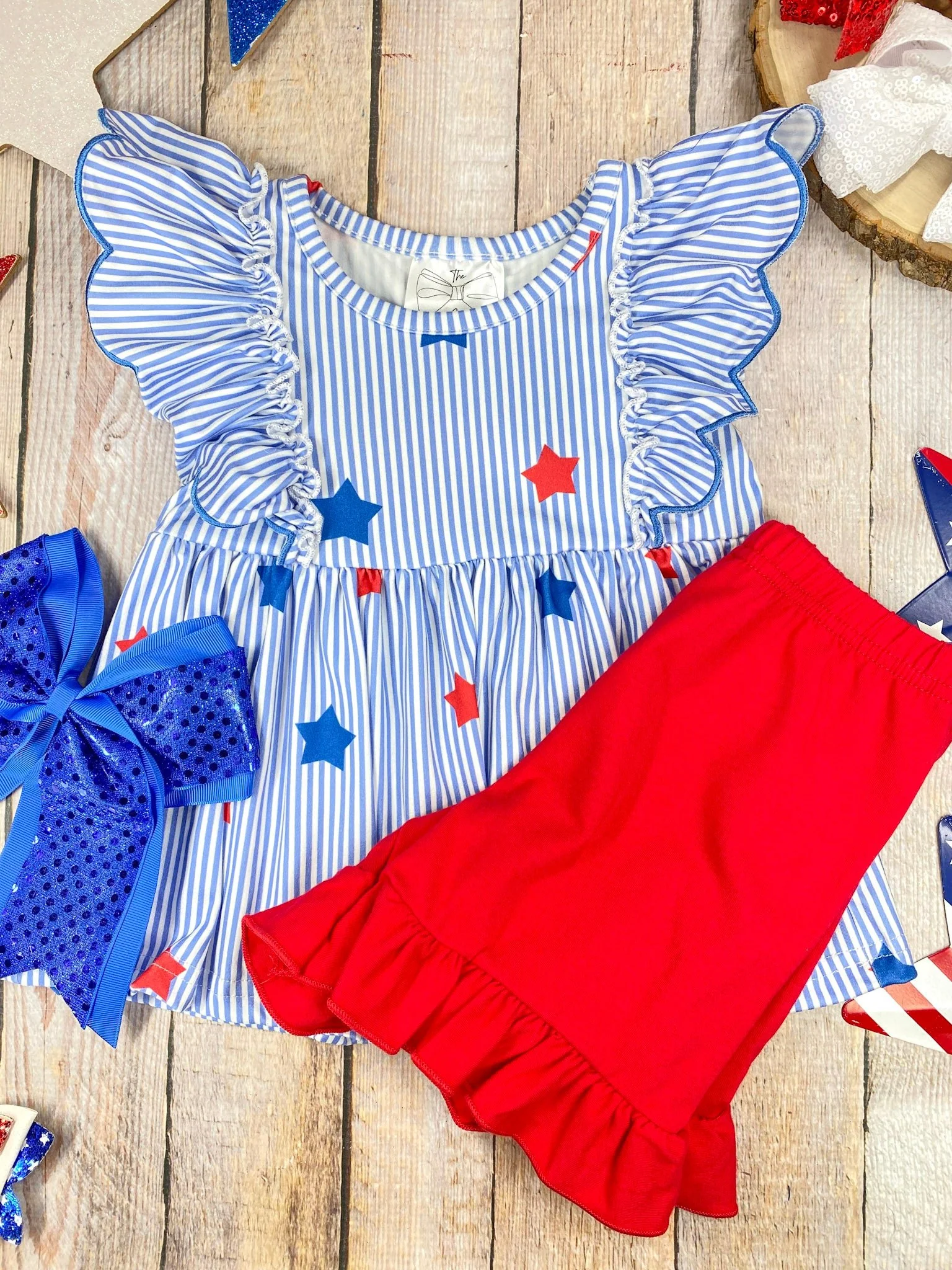 Blue Stripe Star Ruffle Shorts Set | Girls Patriotic Flutter Sleeve Outfit - Image 2