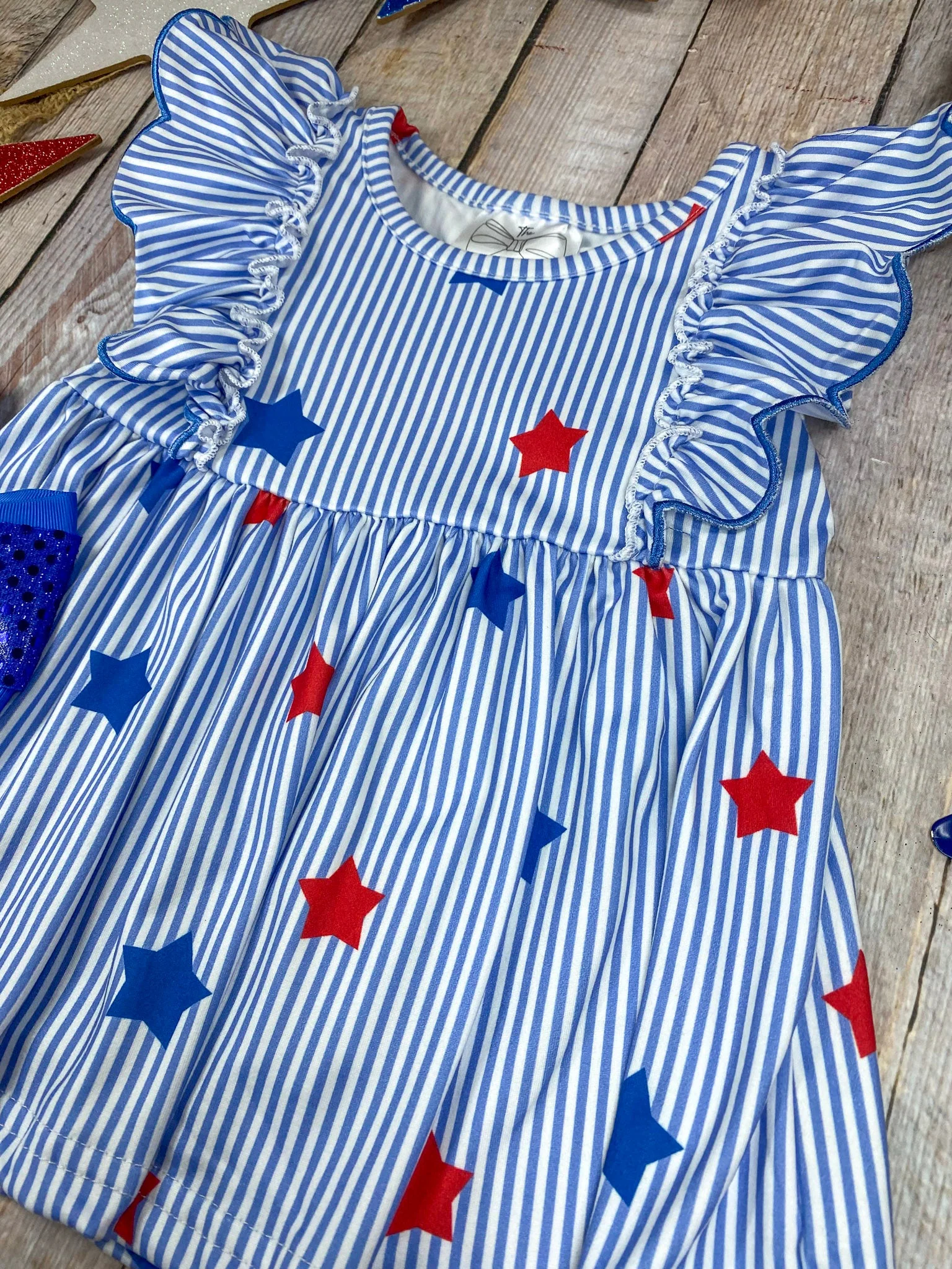 Blue Stripe Star Ruffle Shorts Set | Girls Patriotic Flutter Sleeve Outfit - Image 3
