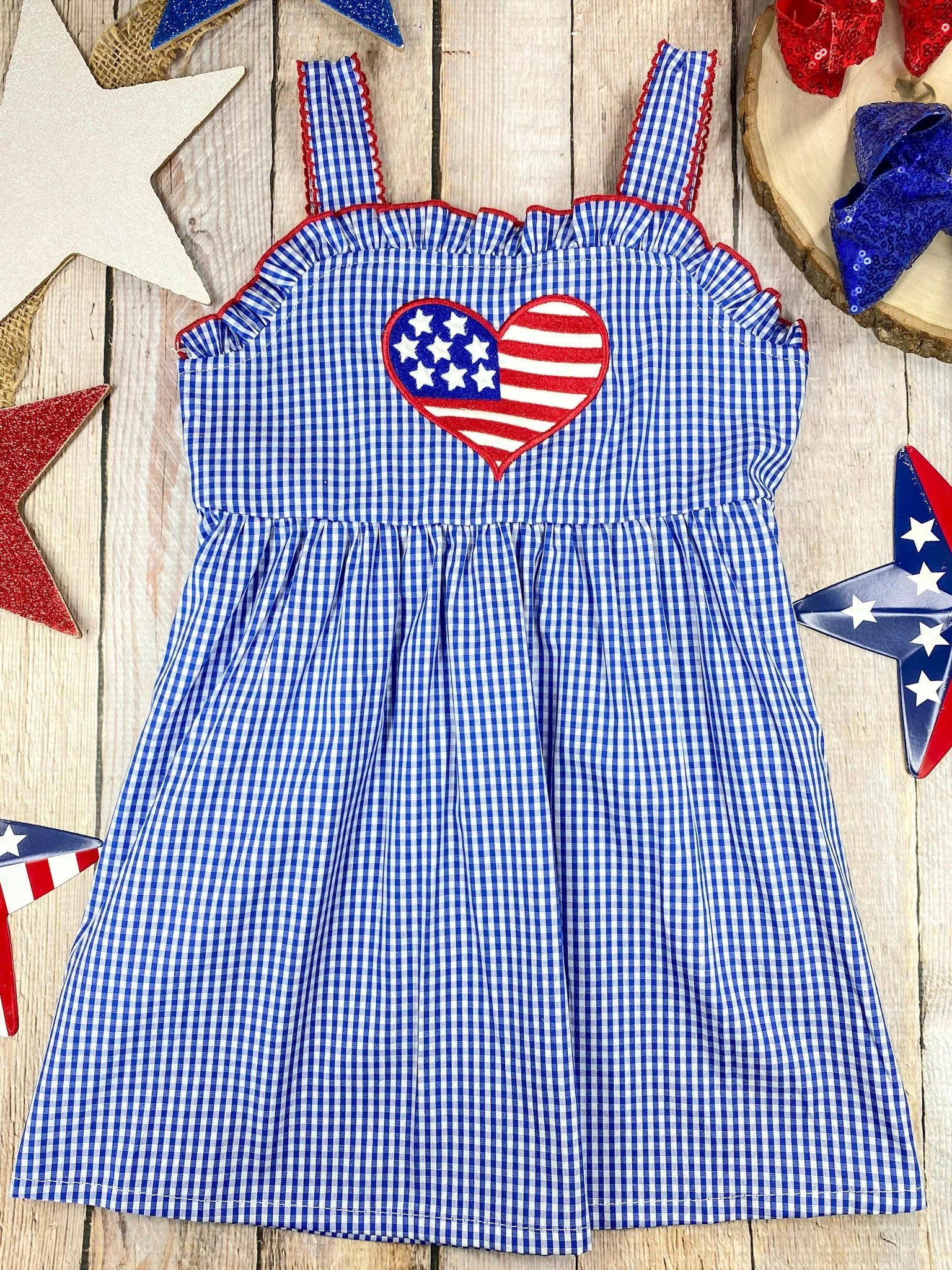 Blue Gingham American Heart Twirl Dress | Girls Patriotic Summer Dress - Image 2