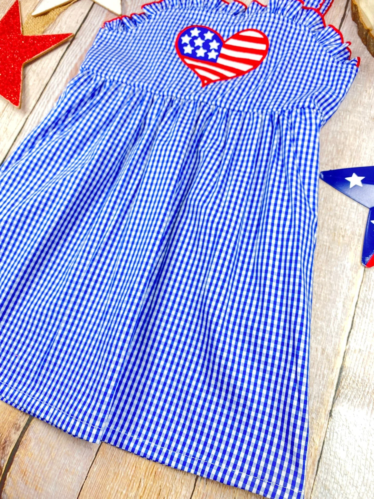 Blue Gingham American Heart Twirl Dress | Girls Patriotic Summer Dress - Image 3