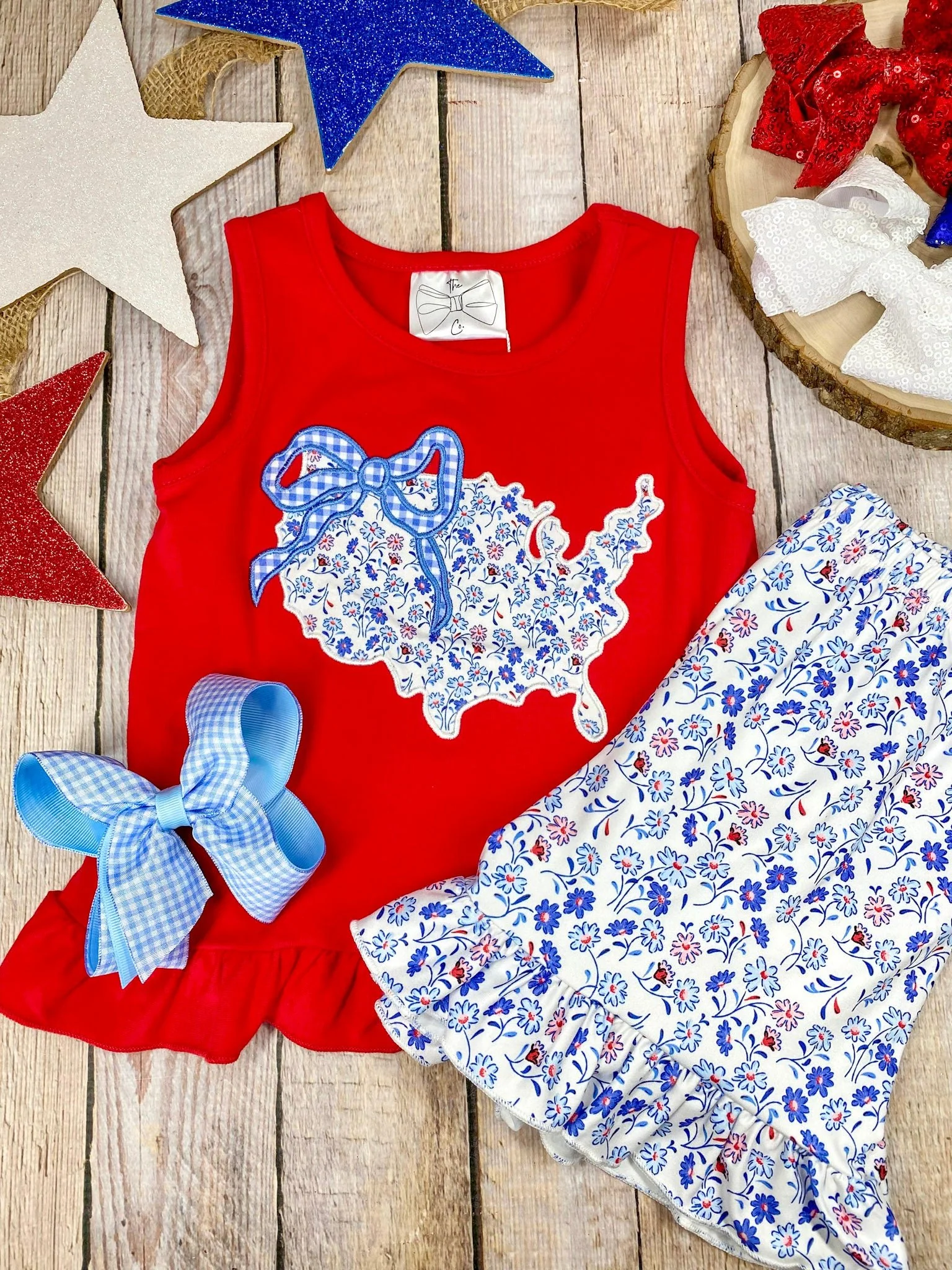 Red USA Floral Shorts Set | Girls Patriotic States Applique Outfit