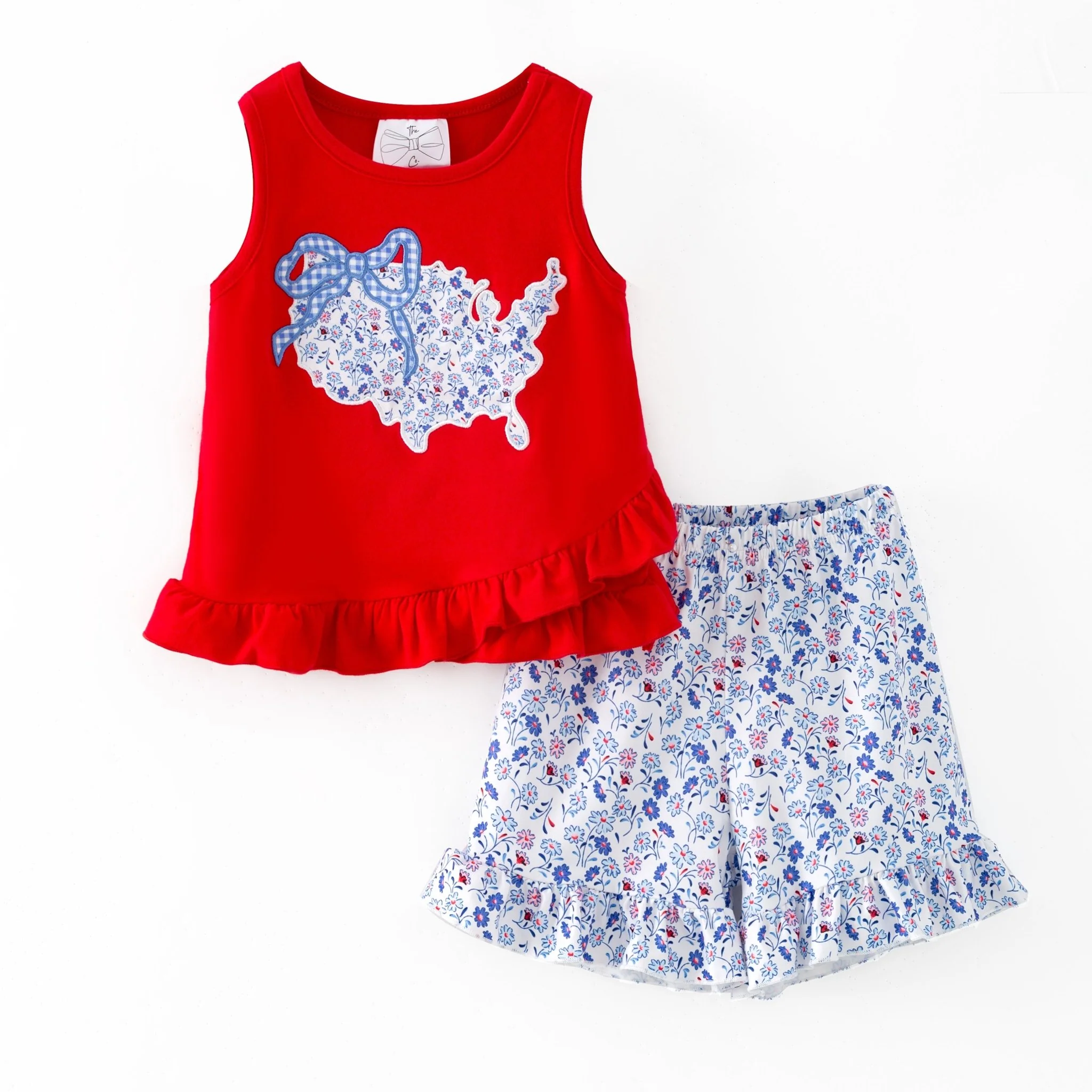 Red USA Floral Shorts Set | Girls Patriotic States Applique Outfit - Image 2