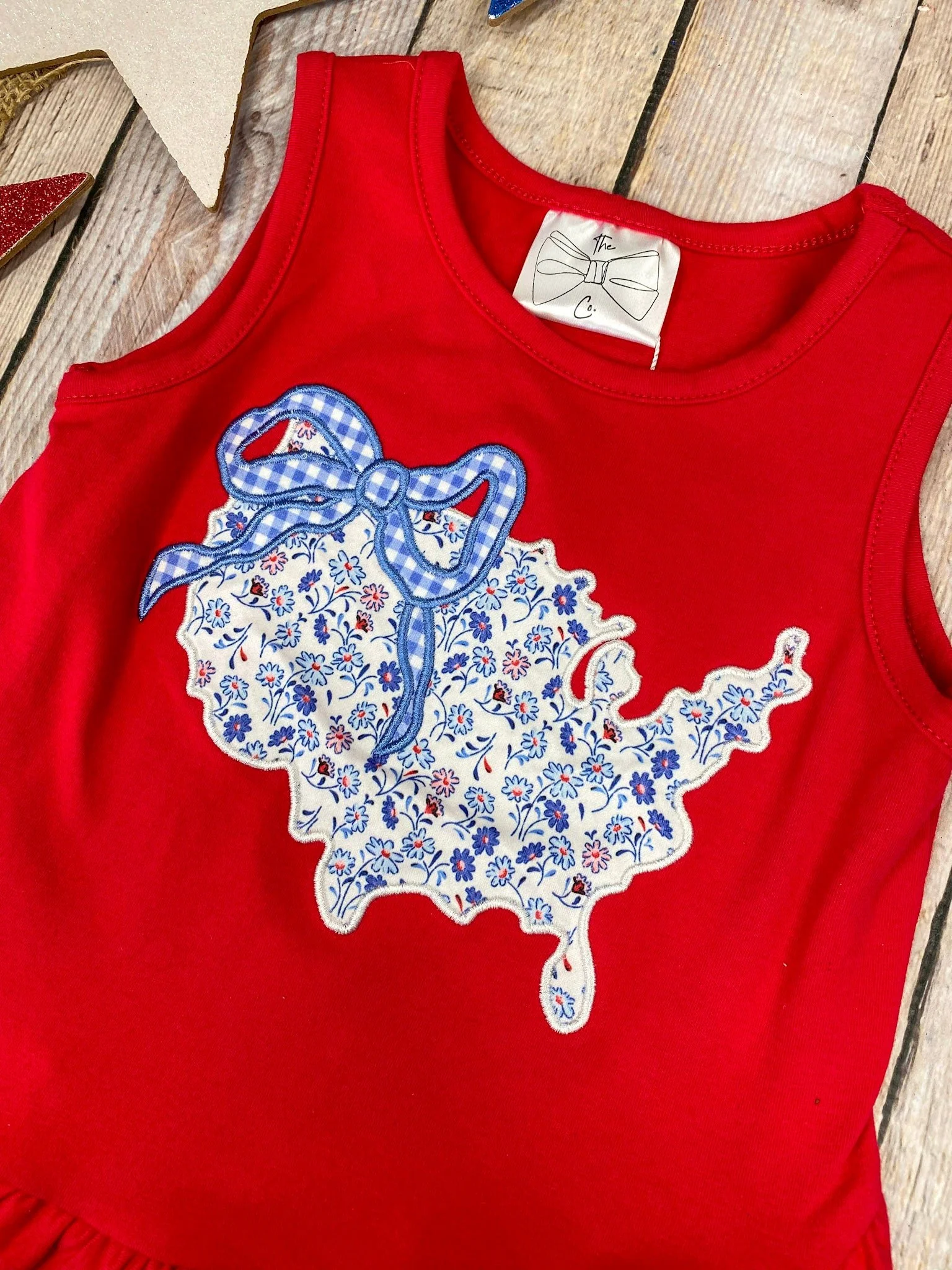 Red USA Floral Shorts Set | Girls Patriotic States Applique Outfit - Image 3
