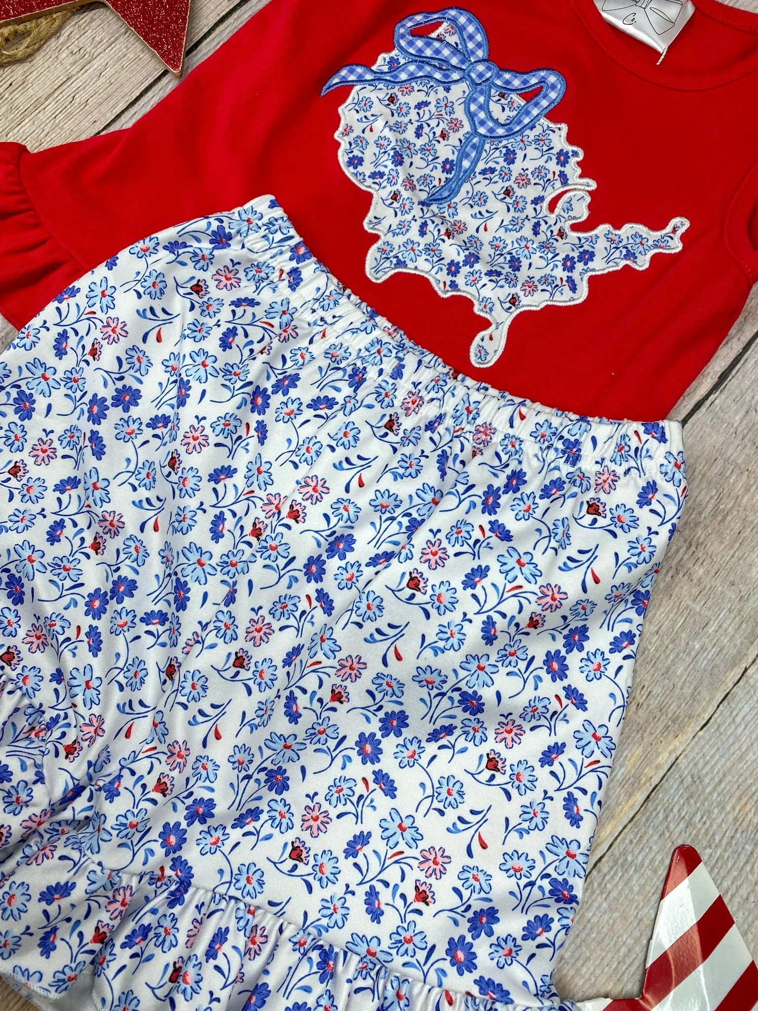Red USA Floral Shorts Set | Girls Patriotic States Applique Outfit - Image 4