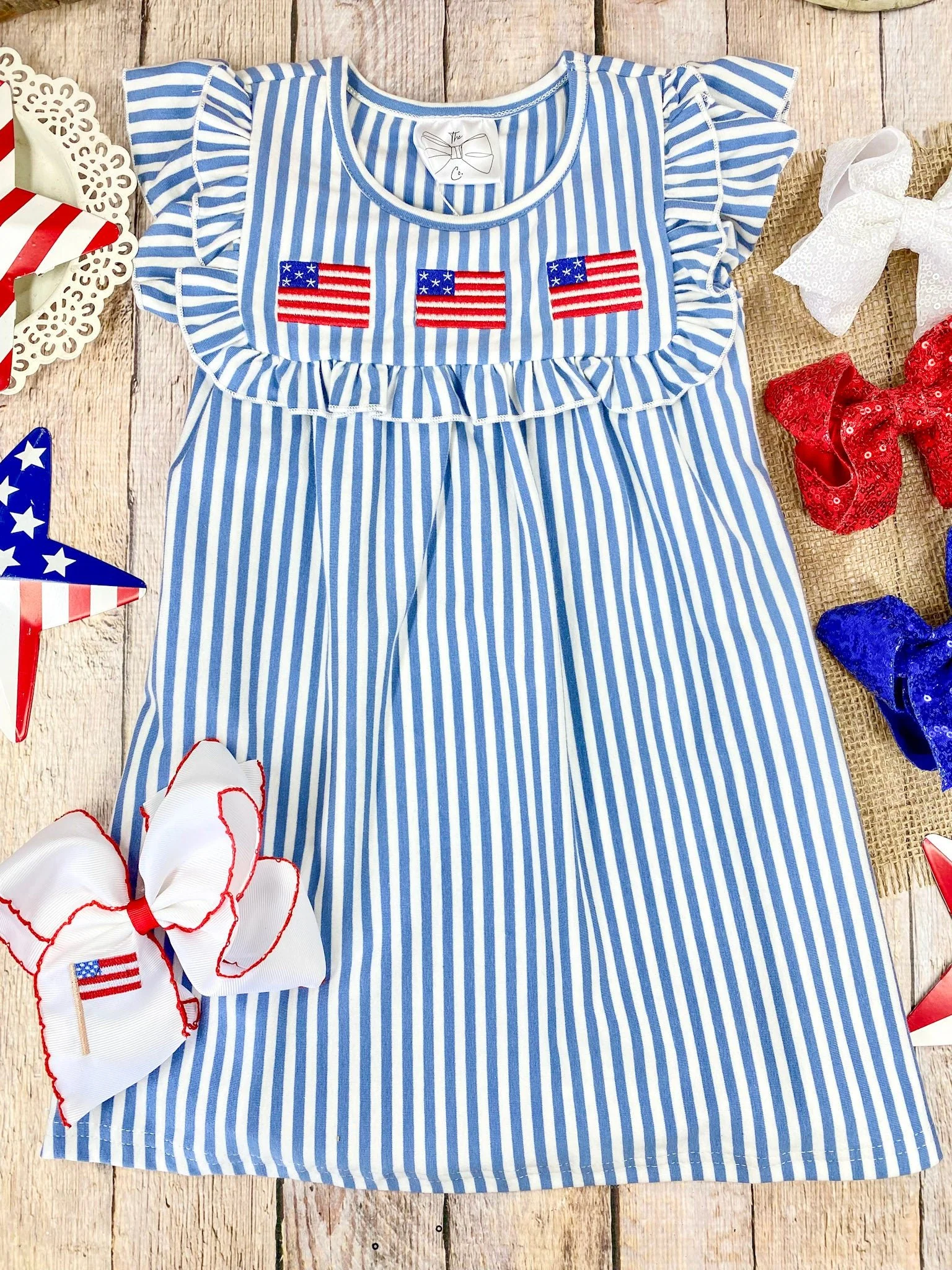 Blue Stripe American Flag Twirl Dress | Girls Patriotic Ruffle Dress