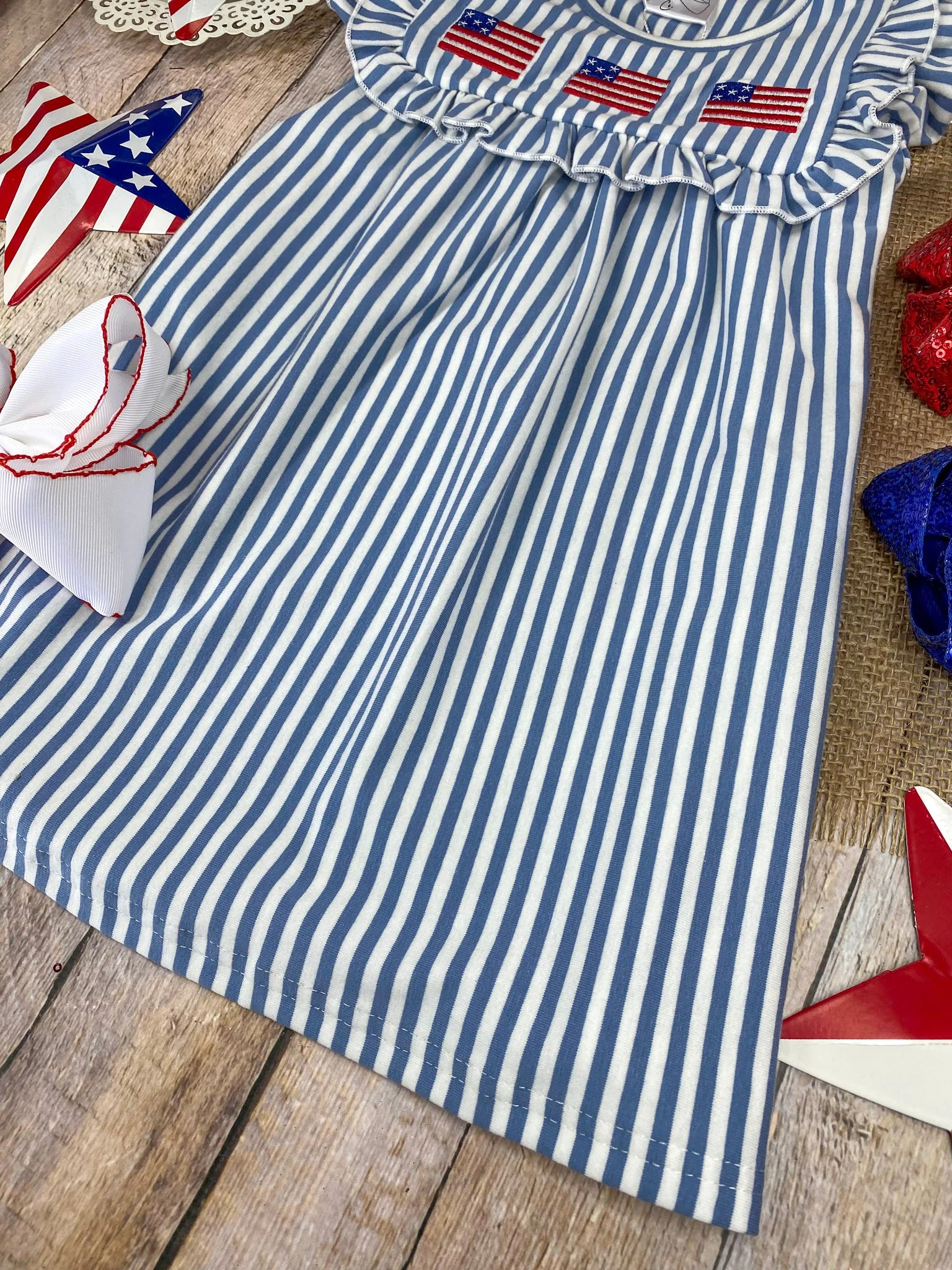 Blue Stripe American Flag Twirl Dress | Girls Patriotic Ruffle Dress - Image 3