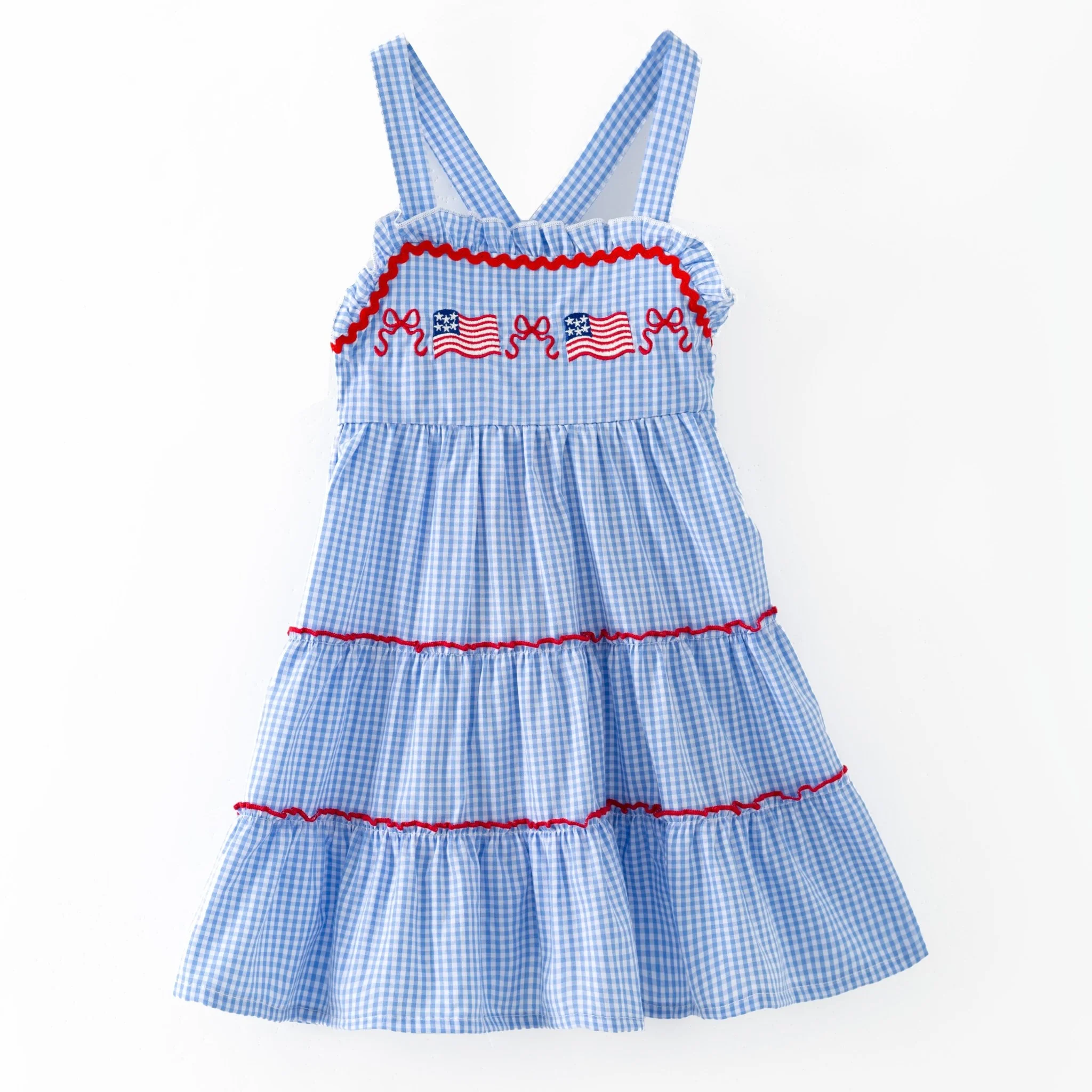 Blue Gingham American Flag Tiered Dress | Girls Patriotic Ruffle Dress - Image 2