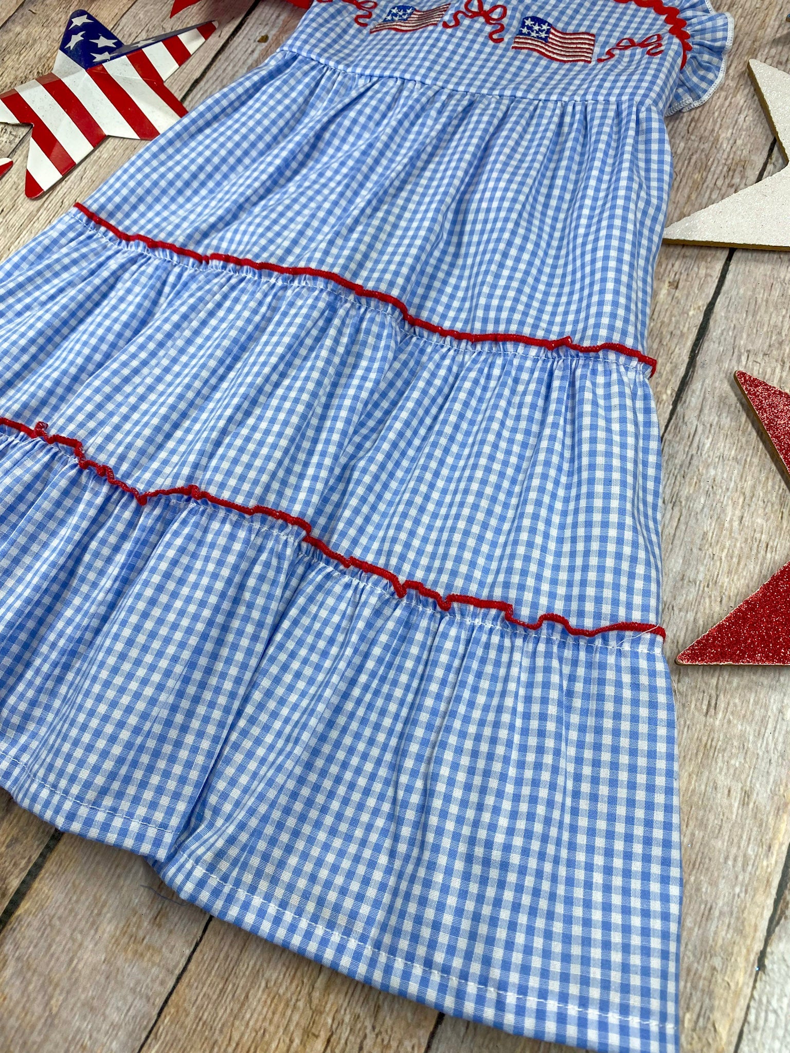 Blue Gingham American Flag Tiered Dress | Girls Patriotic Ruffle Dress - Image 3