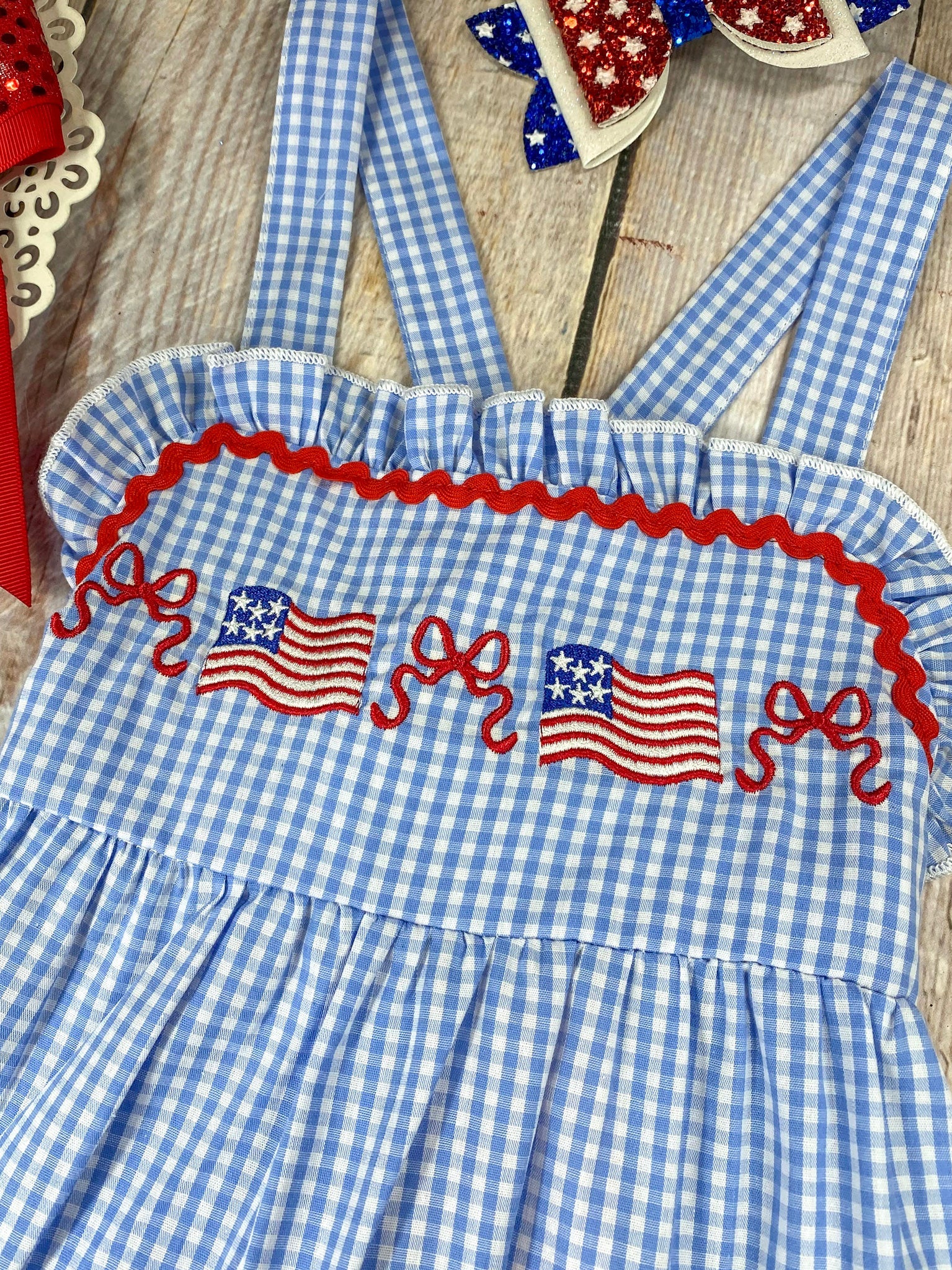 Blue Gingham American Flag Tiered Dress | Girls Patriotic Ruffle Dress - Image 4