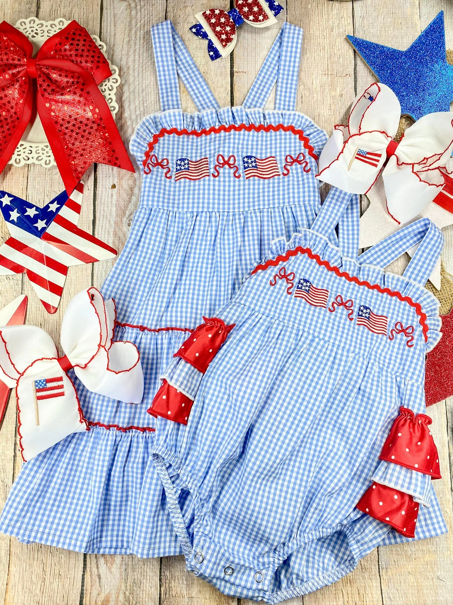 Blue Gingham American Flag Tiered Dress | Girls Patriotic Ruffle Dress - Image 5