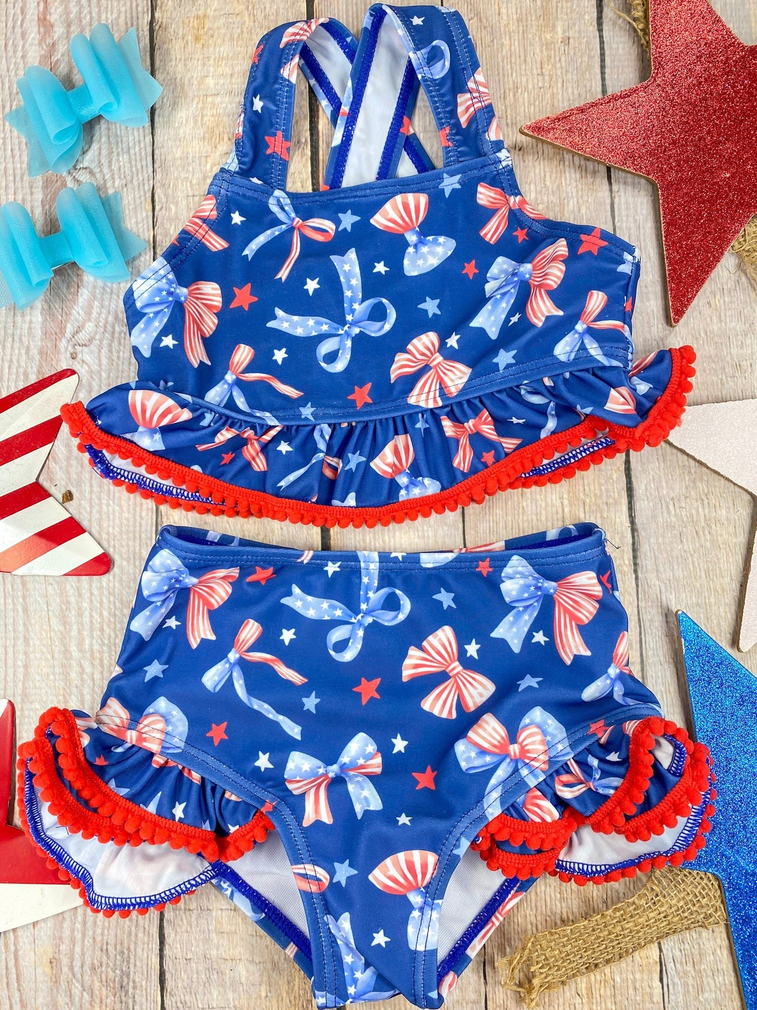 Navy Patriotic Bow Print Two-Piece Swimsuit | Baby Girls Ruffle Swim Set