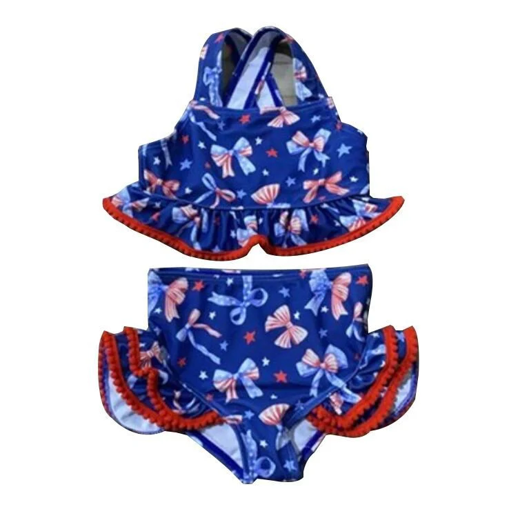 Navy Patriotic Bow Print Two-Piece Swimsuit | Baby Girls Ruffle Swim Set - Image 2
