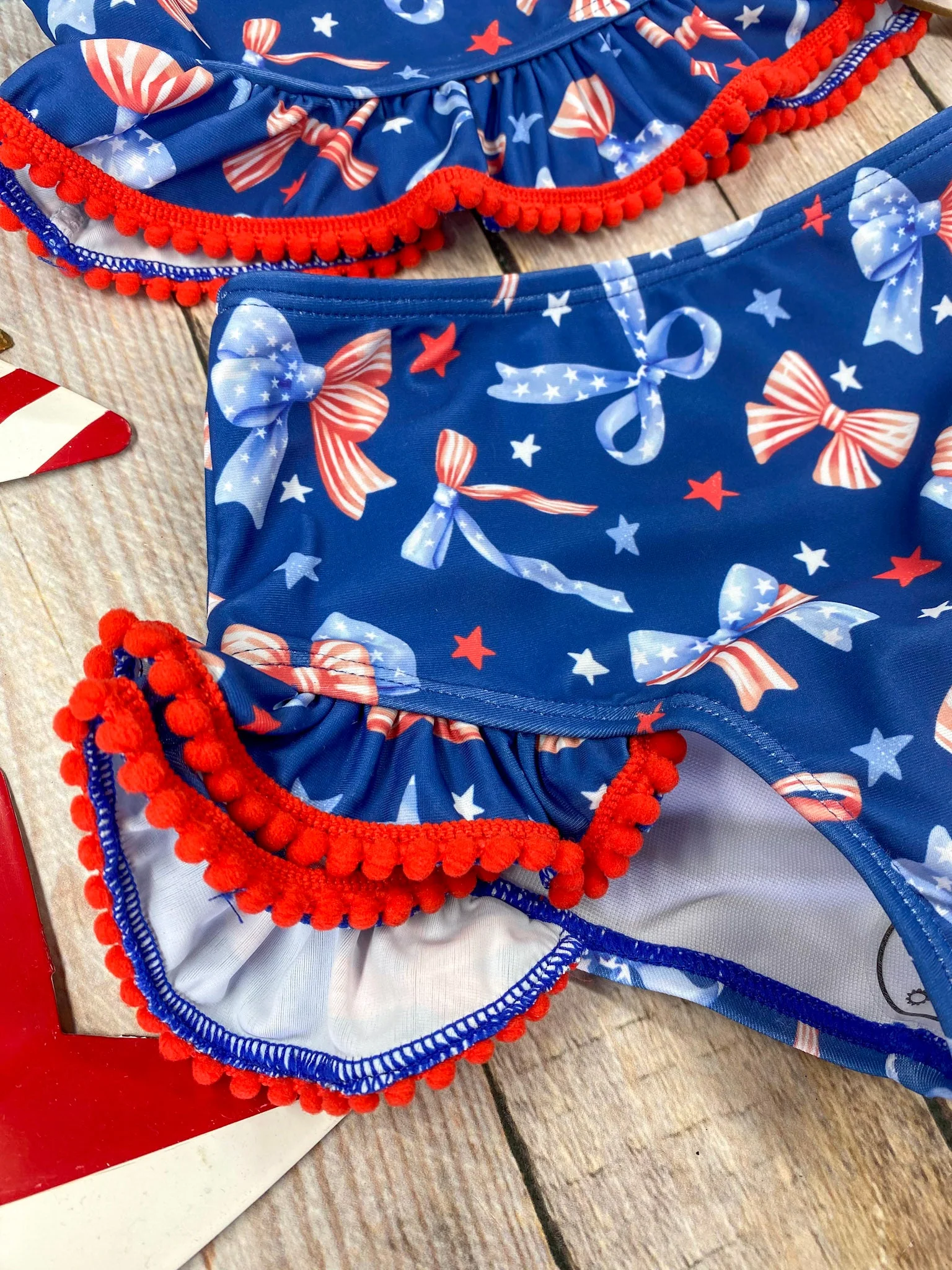Navy Patriotic Bow Print Two-Piece Swimsuit | Baby Girls Ruffle Swim Set - Image 3