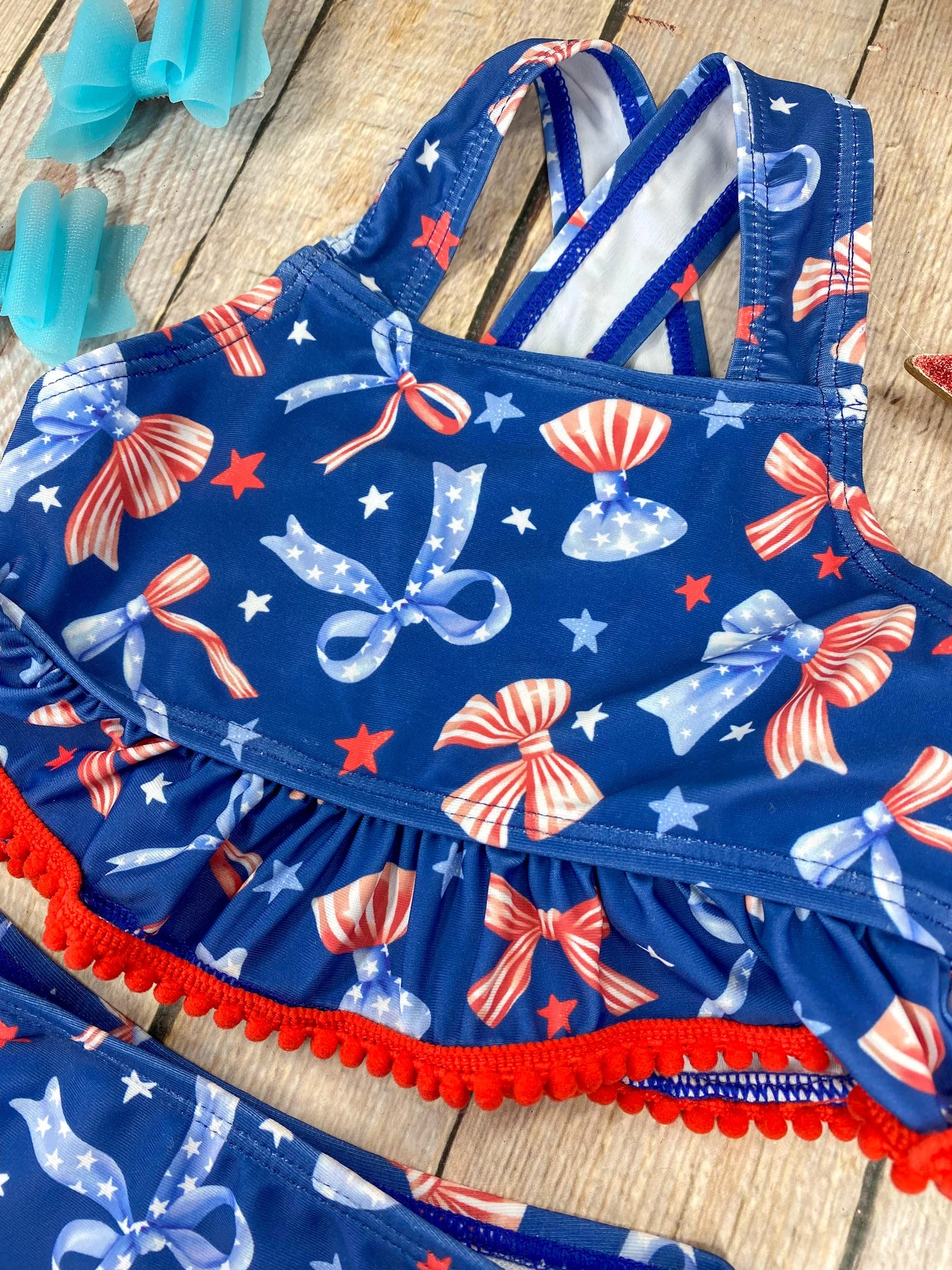 Navy Patriotic Bow Print Two-Piece Swimsuit | Baby Girls Ruffle Swim Set - Image 4