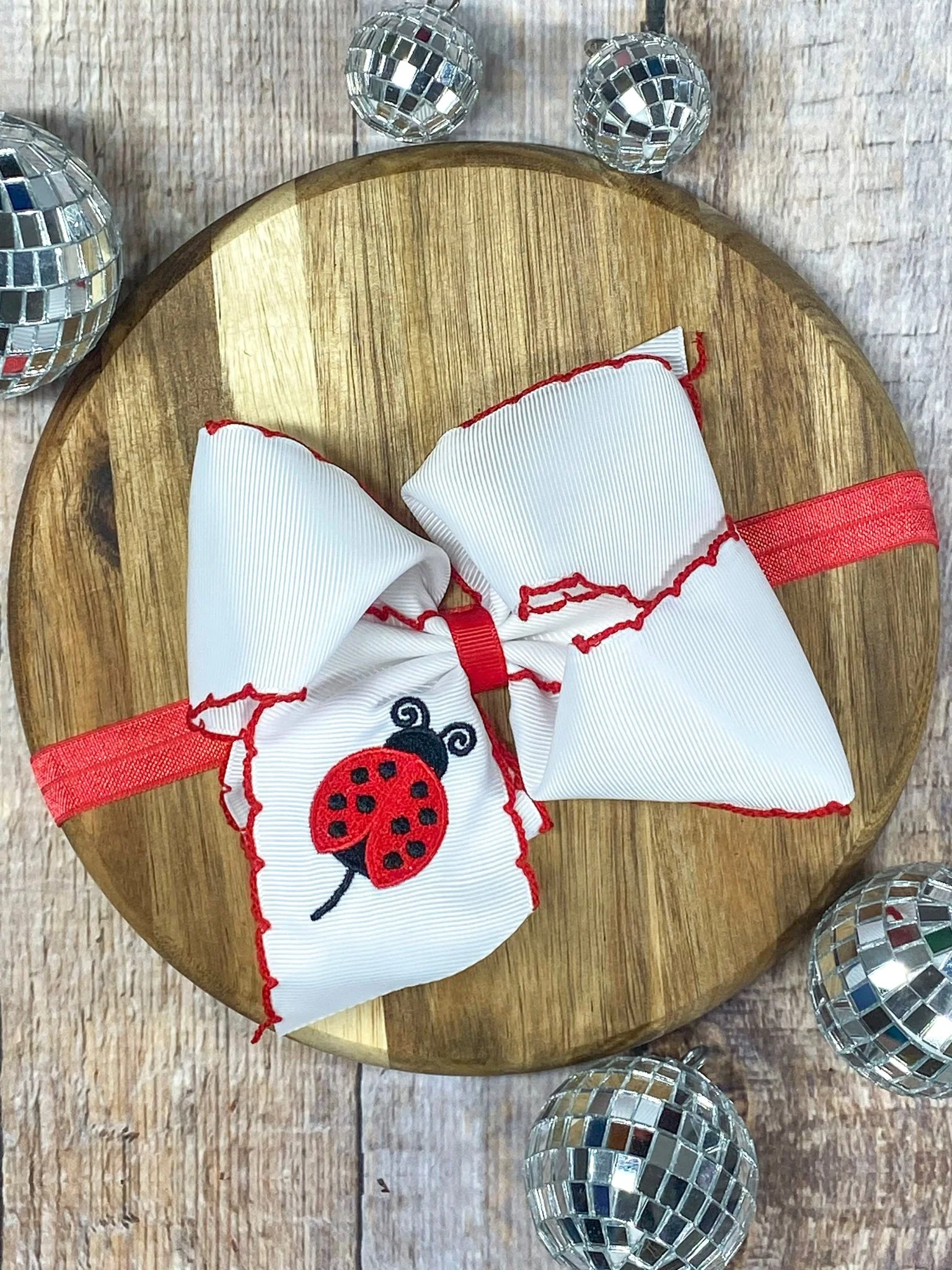 Ladybug Embroidered Moonstitch Hair Bow | Clip or Headband - Image 4