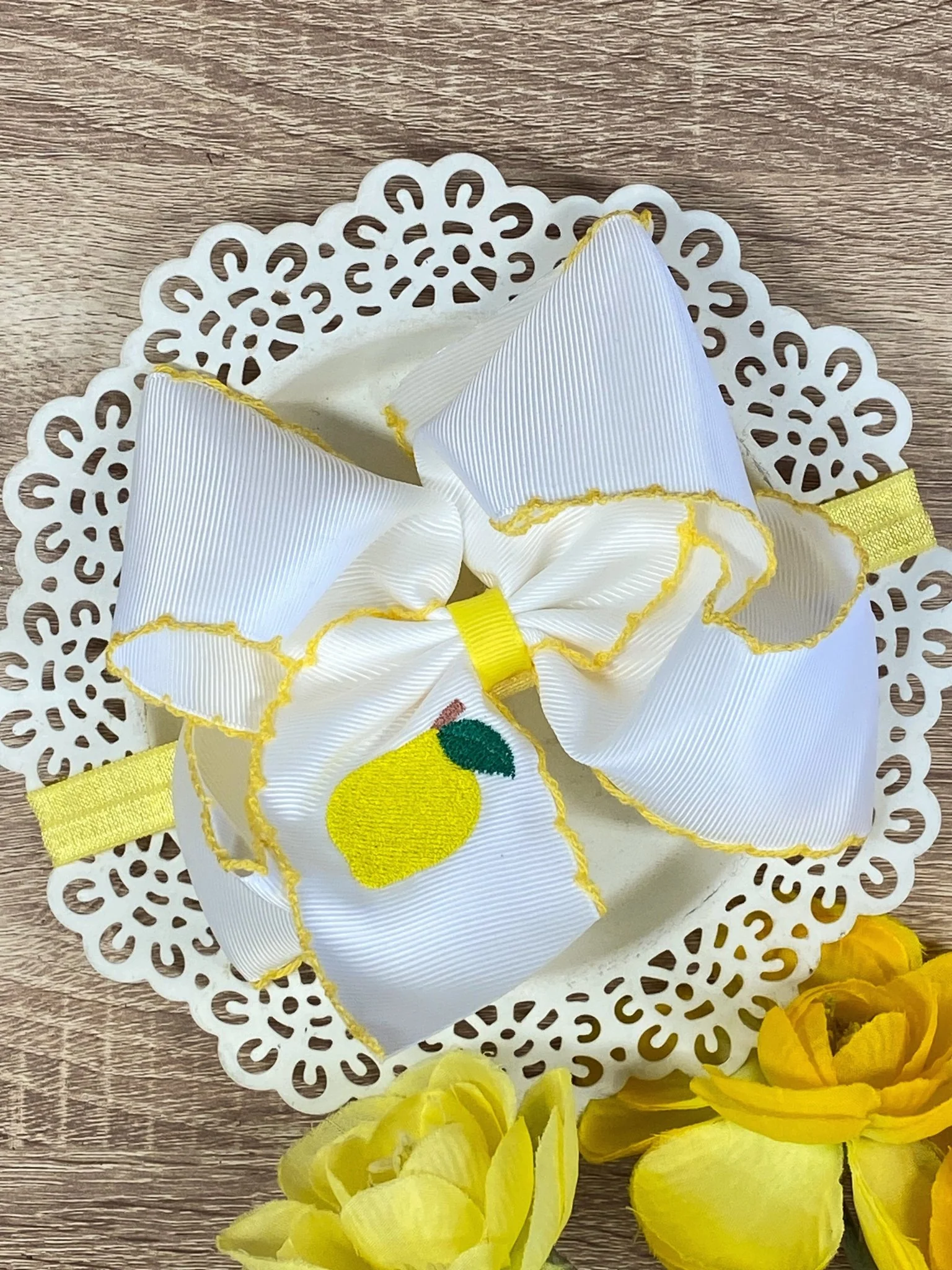 Lemon Embroidered Moonstitch Hair Bow | Clip or Headband - Image 3
