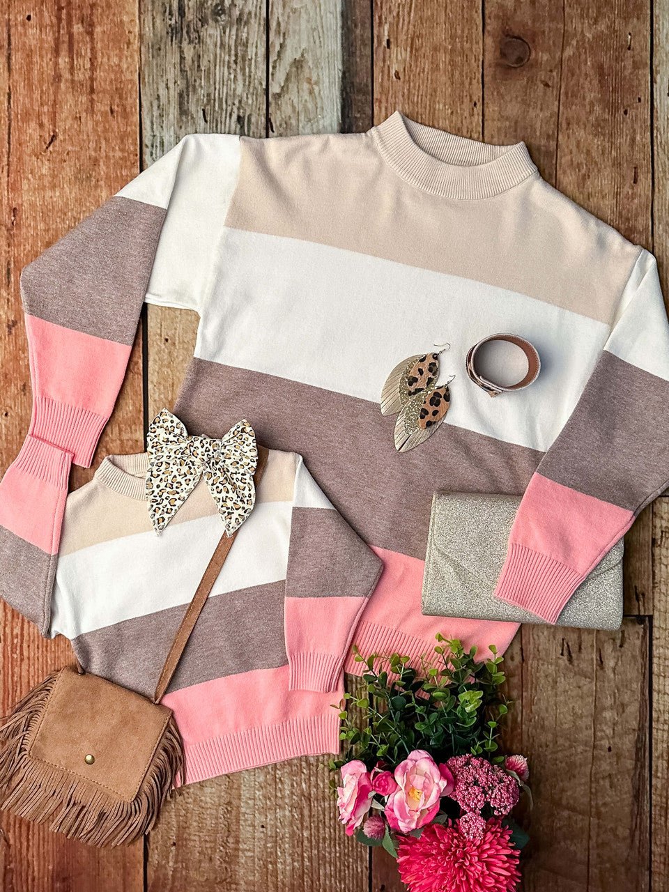 Mommy & Me Pink & Cream Colorblock Tiered Sweater - Image 3