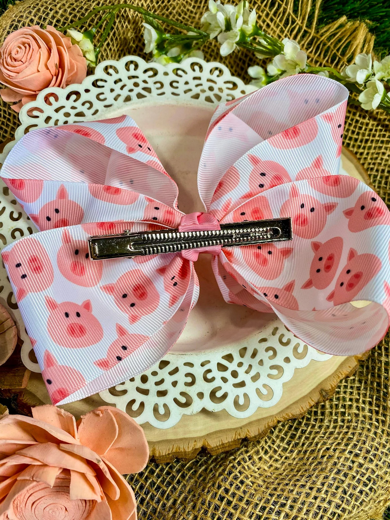 Pig Print Hair Bow Farm Hair Bow | Clip or Headband - Image 2