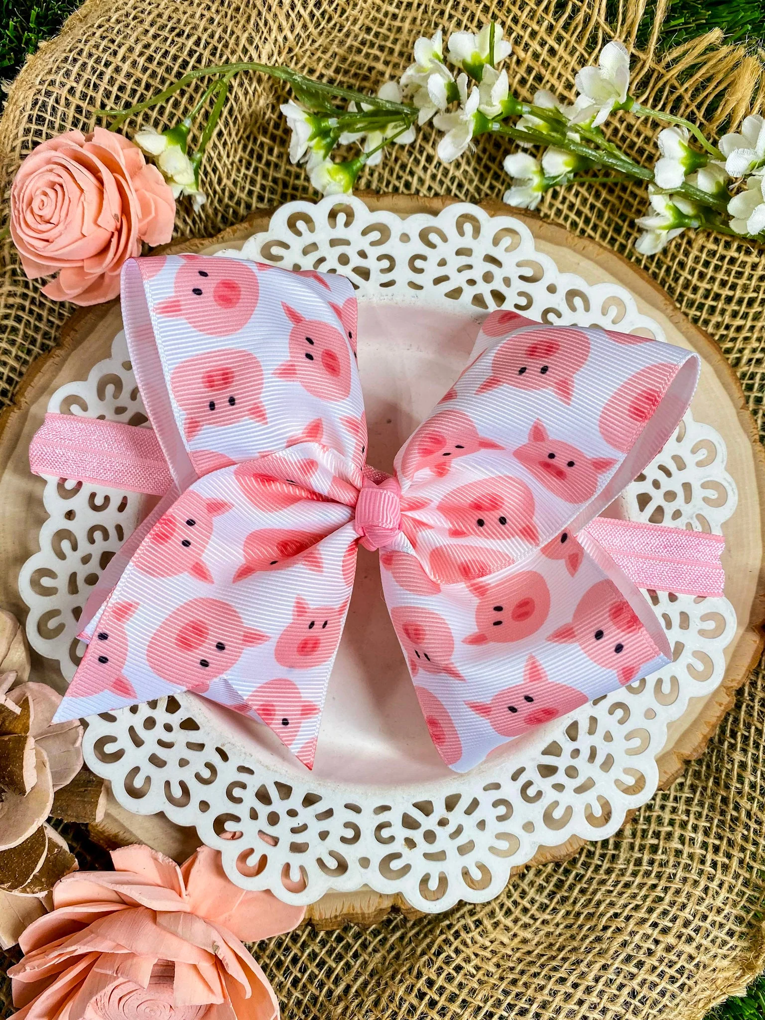 Pig Print Hair Bow Farm Hair Bow | Clip or Headband - Image 3