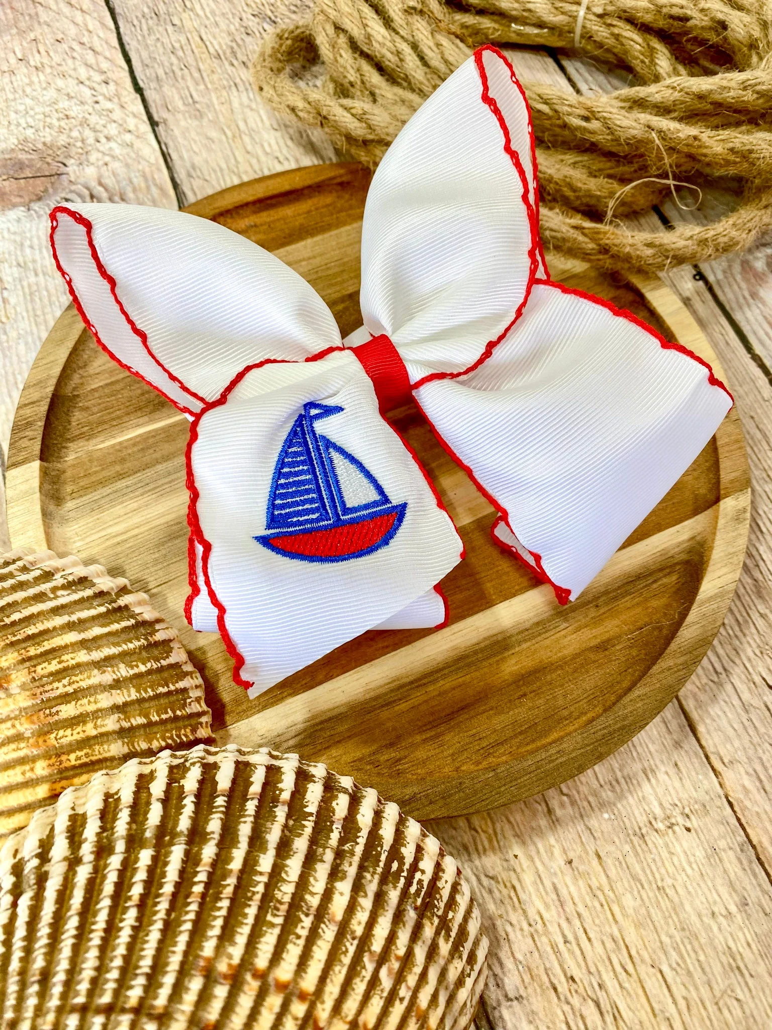 Sailboat Embroidered Classic Hair Bow | Clip or Headband - Image 2