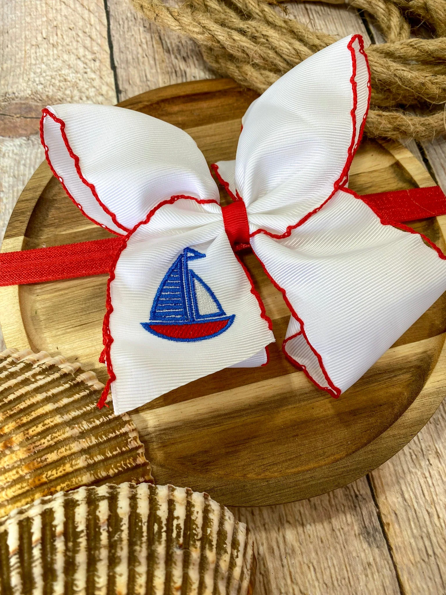 Sailboat Embroidered Classic Hair Bow | Clip or Headband - Image 4