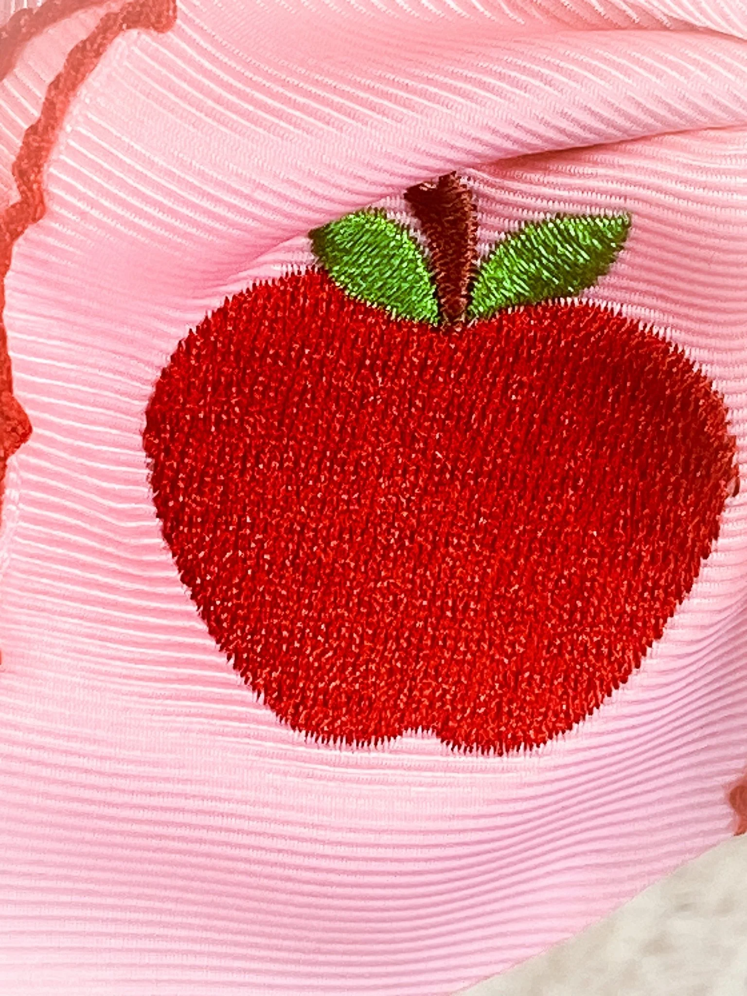 Pink Apple Embroidered Moonstitch Hair Bow | Clip or Headband - Image 2