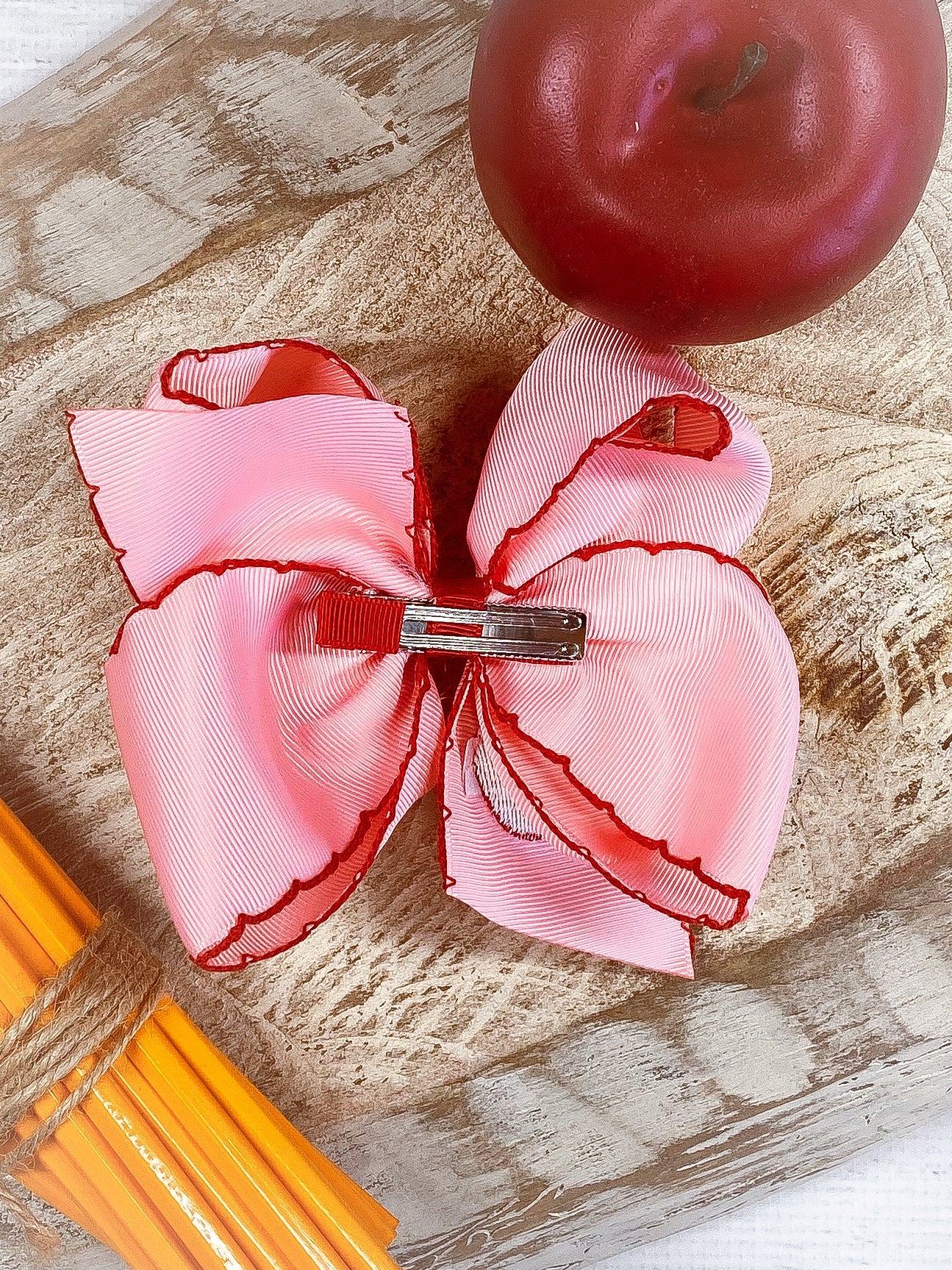 Pink Apple Embroidered Moonstitch Hair Bow | Clip or Headband - Image 3