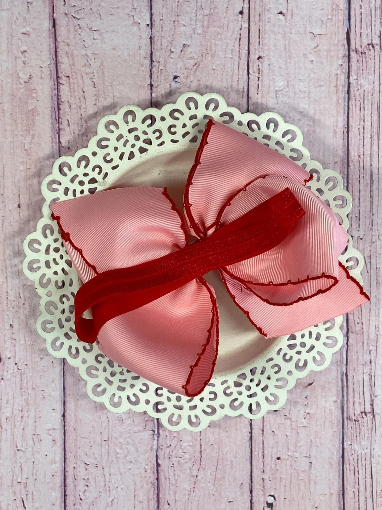 Pink Apple Embroidered Moonstitch Hair Bow | Clip or Headband - Image 6