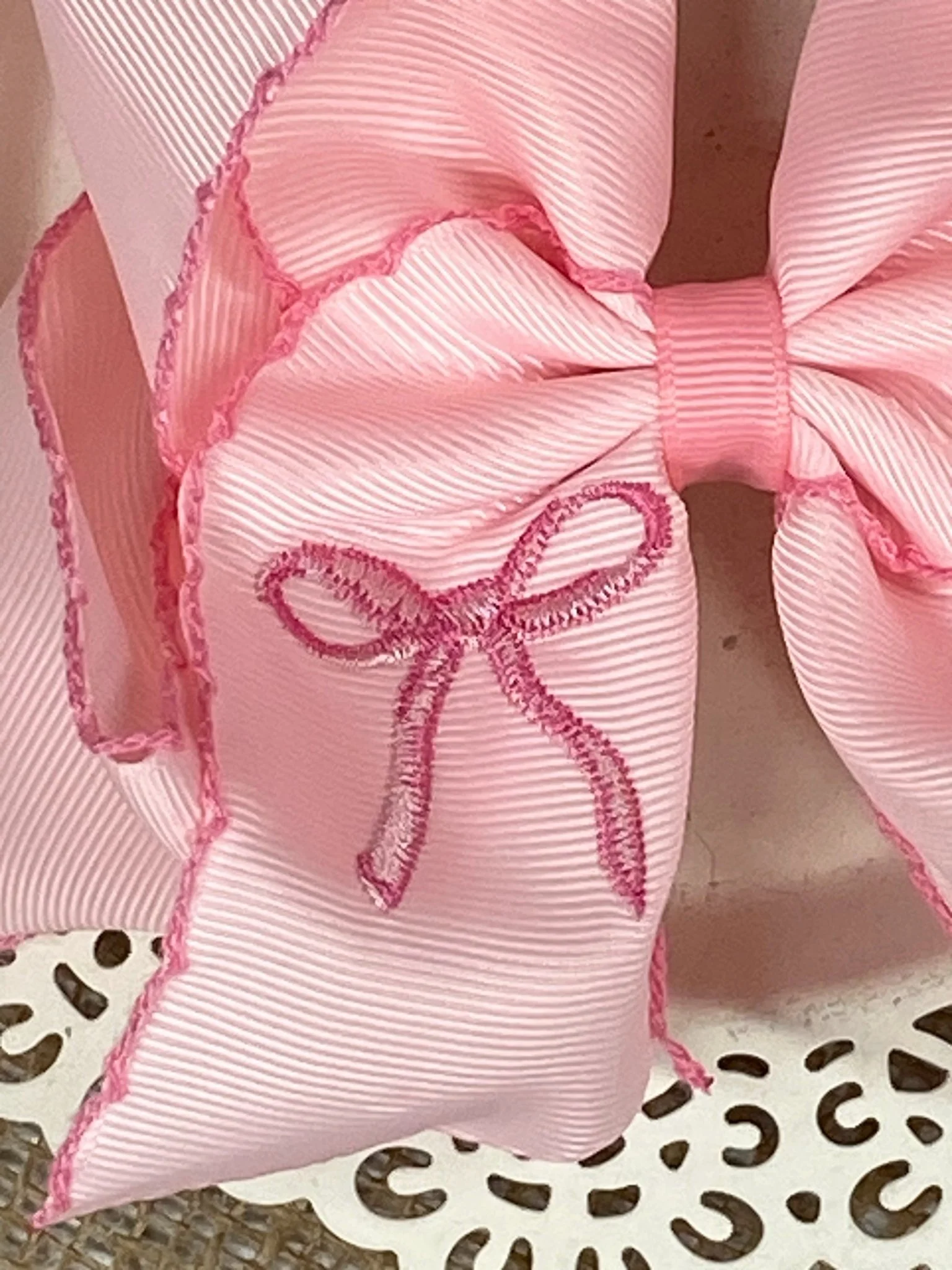 Pink Coquette Moonstitch Hair Bow | Clip or Headband - Image 3