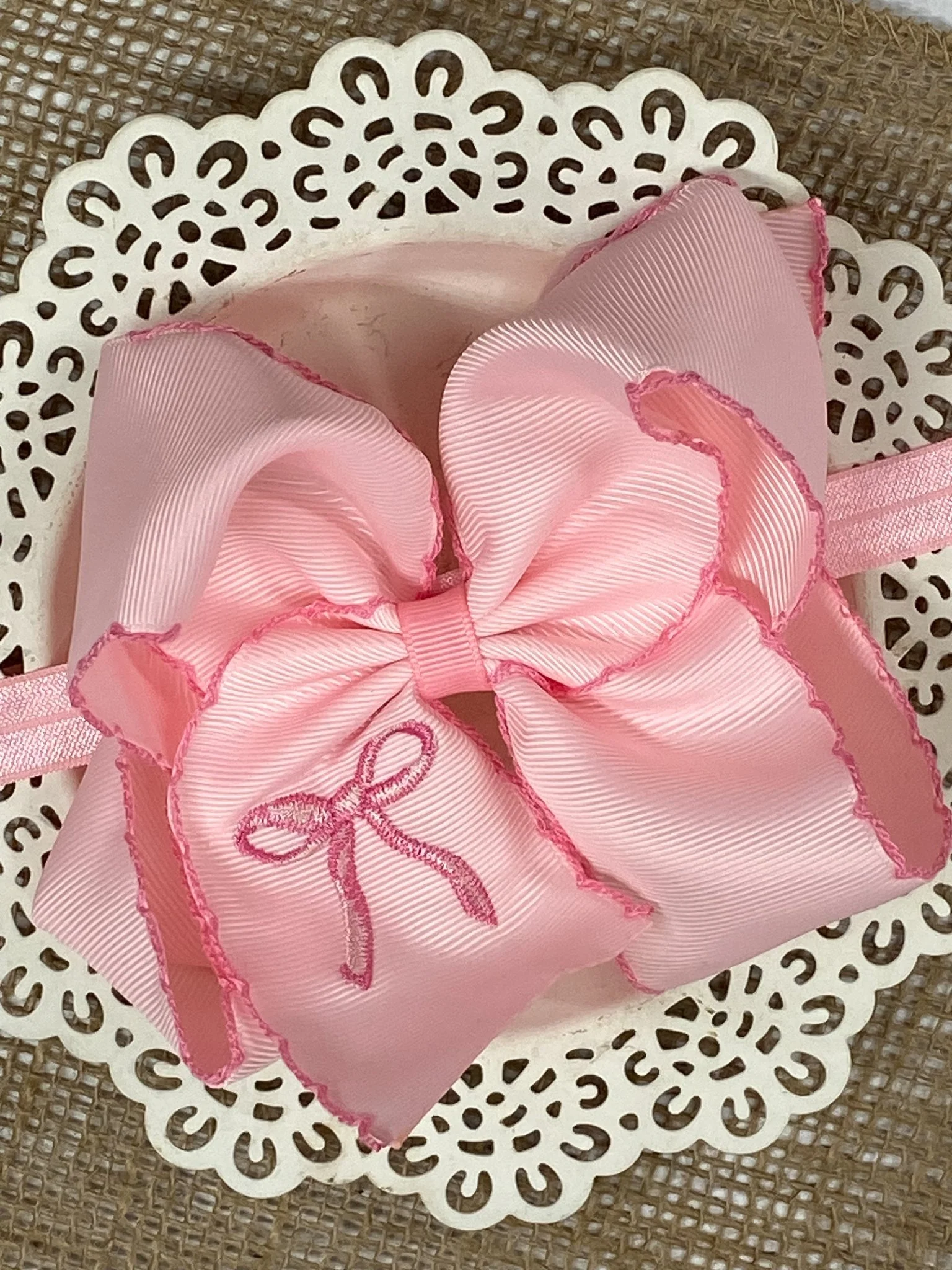 Pink Coquette Moonstitch Hair Bow | Clip or Headband - Image 4